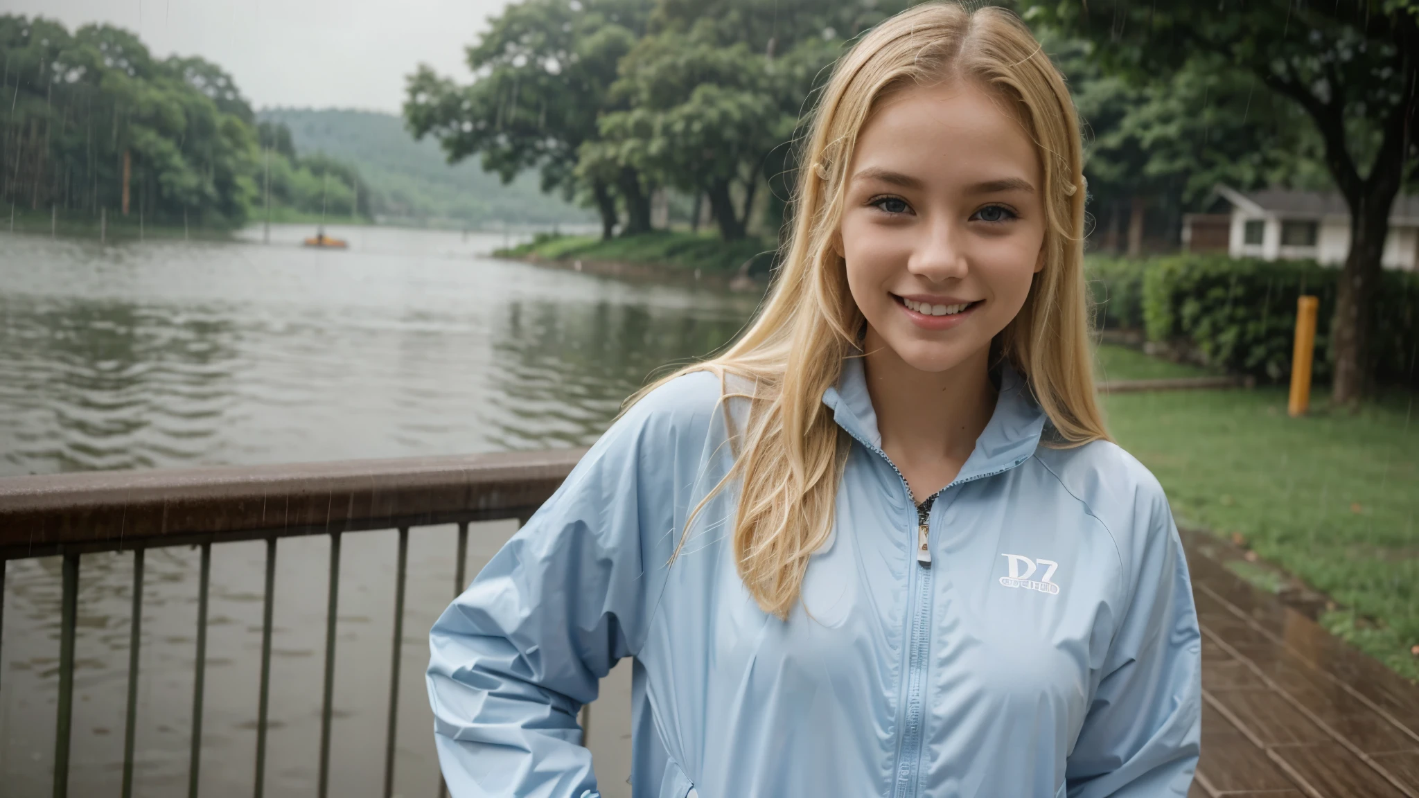 Blonde girl listening to the rain by the lake。Heavy rain。Girl in sportswear,healthy complexion,With a smile on your face。