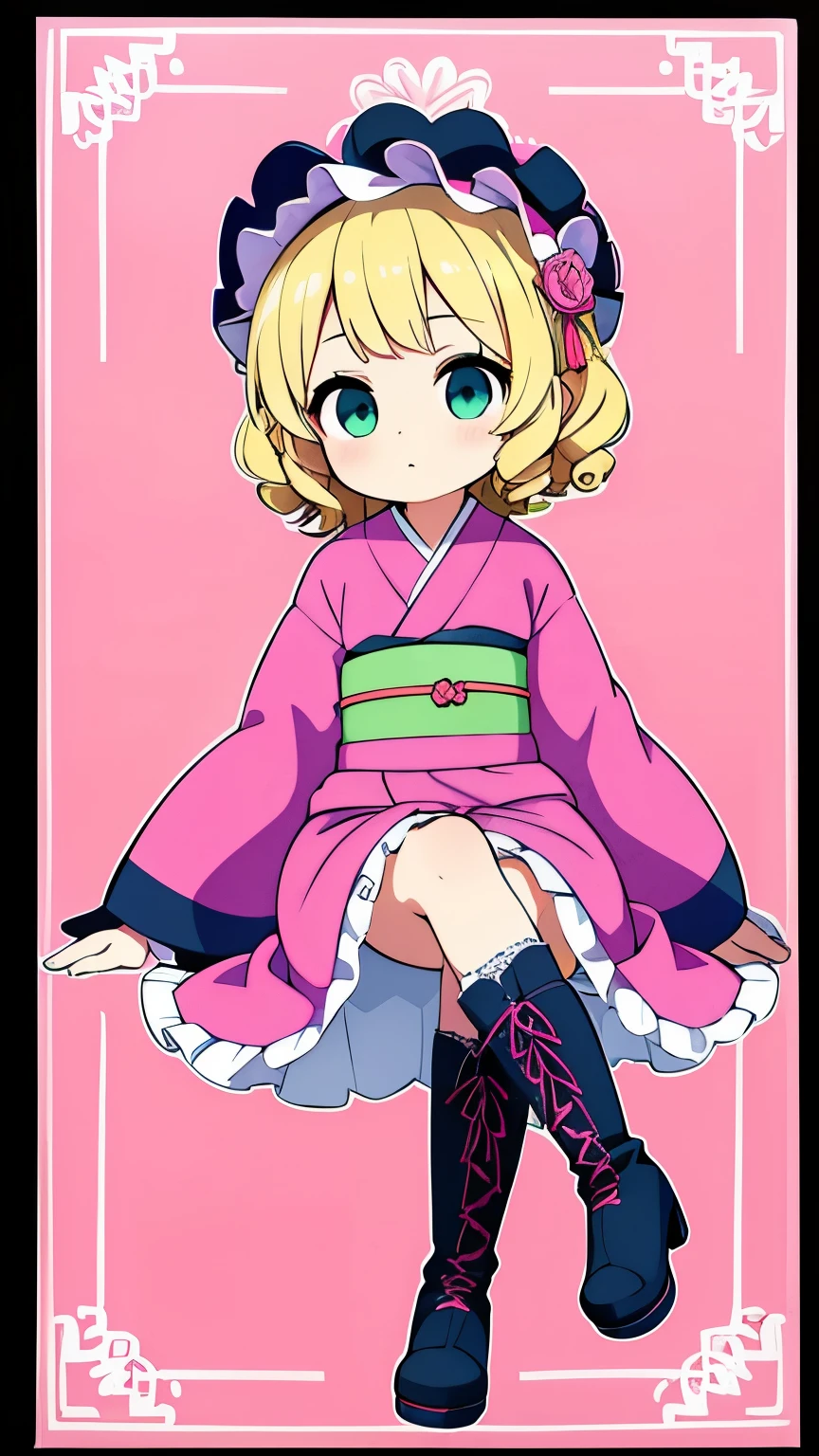 Teenage Girls,Blonde curly short hair,eyes are dark blue,Pink kimono with green obi,pink lolita bonnet,Japanese and Western eclectic,Lolita Fashion,kimono,Character portrait,Lace-up boots on the feet