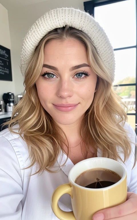 jolie belle blonde portant un pull jaune (Drinking coffee in a modern cafe at sunset), Very detailed, 21 ans, visage inoccent, natural wavy hair, yeux bleus, High resolution, chef-d'Travail, best quality, intricate details, Very detailed, net mise au point, detailed skin, texture de peau réaliste, texture, Detailed eyes, professionnel, 4k, sourire charmeur, prise de vue sur Canon, 85 millimeters, faible profondeur de champ, couleur de vision kodak, corps parfaitement ajusté, extremely detailed, Photo _ \ (ultra \), Photoreallistic, Realistic, Post-traitement, maximum detail, roughness, vraie vie, ultra realistic, Photorealism, Photographie, 8k euh, Photographie, dans une maison, gros seins bonnet D, grosse fesses, influenceuse, seance photo, intagram, mym