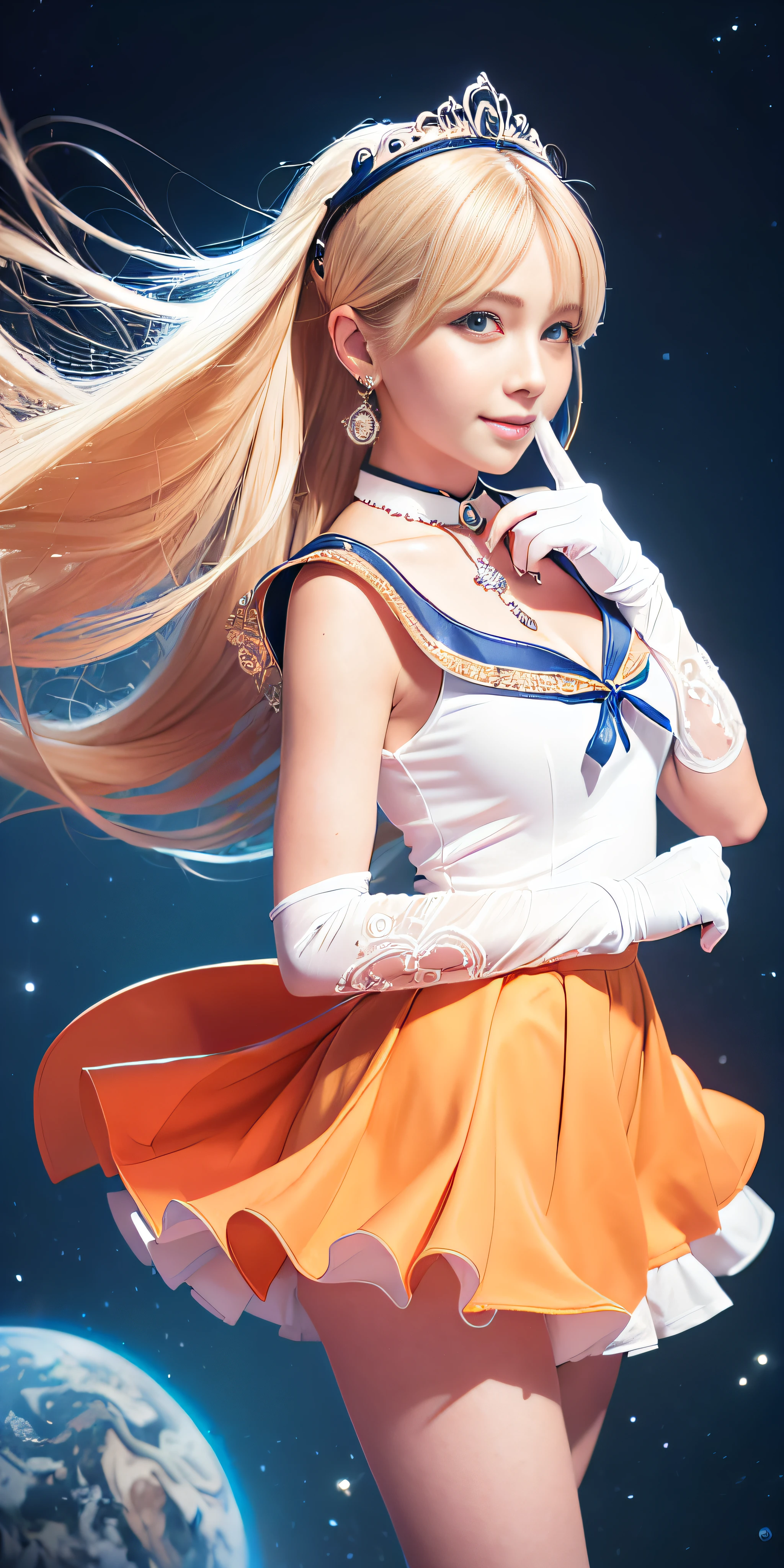 masterpiece, highest quality, High resolution, Venus 1, 1 girl, alone, Sailor Warrior Uniforms, Sailor Venus, aino minako, Blonde, Magical girl, blue eyes, Orange Skirt, Elbow-length gloves, tiara, 60% pleated mini skirt , hair bow, Orange Sailor Necklace, mini skirt, choker, Red Bow, orange choker, White gloves, Very long hair, jewelry, Earrings, denim shot, Bottom View, ((Intricate details)), smile