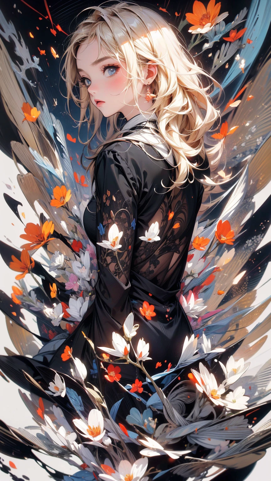 (masterpiece, High resolution, highest quality), Composition from head to thighs:1.3, Upper body focus, 20-year-old woman, Wearing only a large piece of black cloth:1.3, Blonde Hair, Disorganized, Petal Collage, abstract design, artistic juxtapositions, White background, mixed-media approach, Anime Style, simple lines, Digital Painting,
