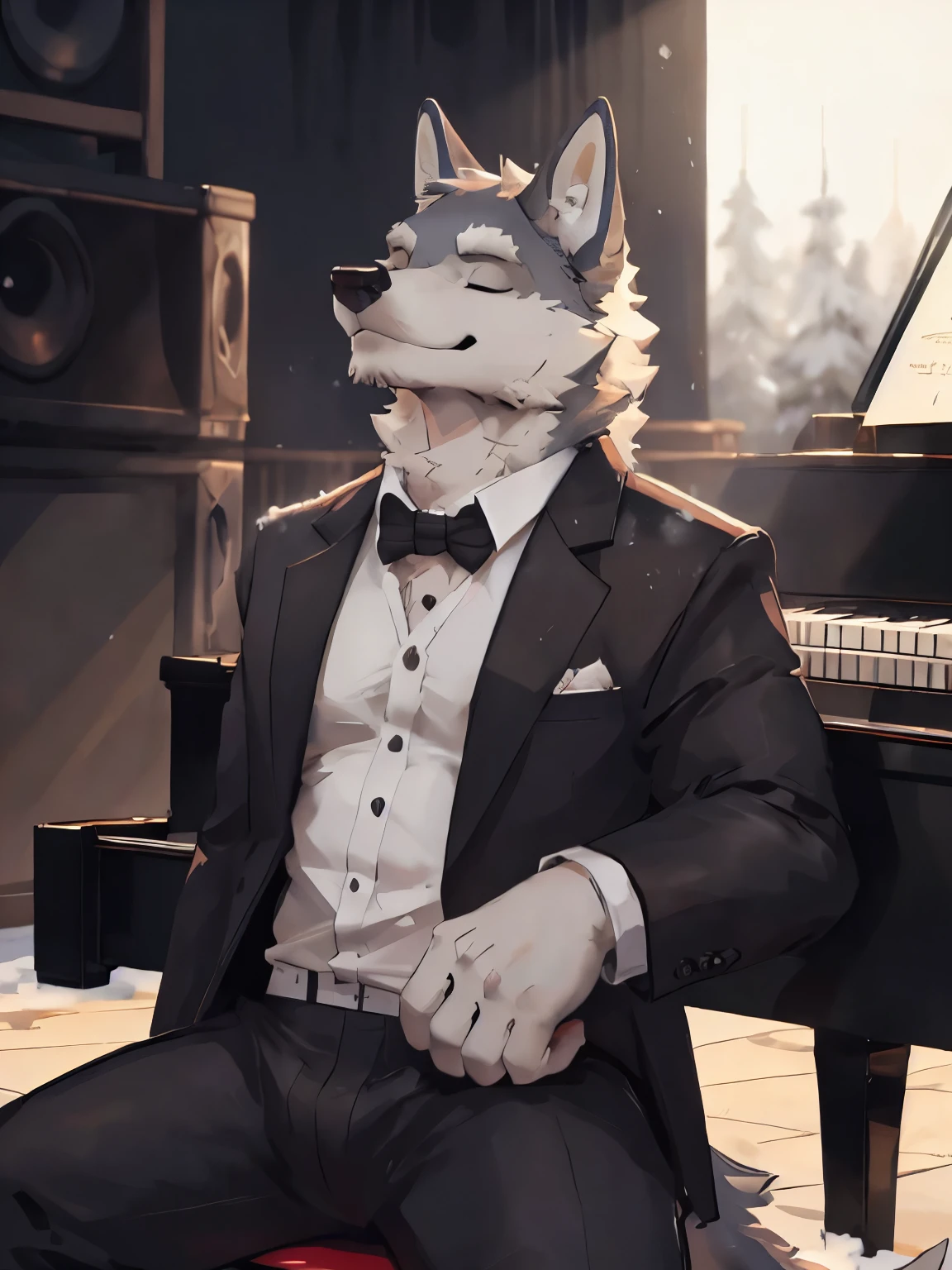 deobaed anatomy, Humanity，((Snow-white wolf| Snow white | Blue Eyes)),(eyes closed),depth of field,god rays,atmospheric perspective,Sitting,(play piano),middle age,male,(In the concert hall),Beast field,(Athletic),(Muscular plump),((Wearing a musician&#39;s suit)),(Super detailed),Sharp focus,light smile,de-tailed eyes，Wolf Tail ，best qua,lity,By Bei Bei Bei Bei, by zackary911