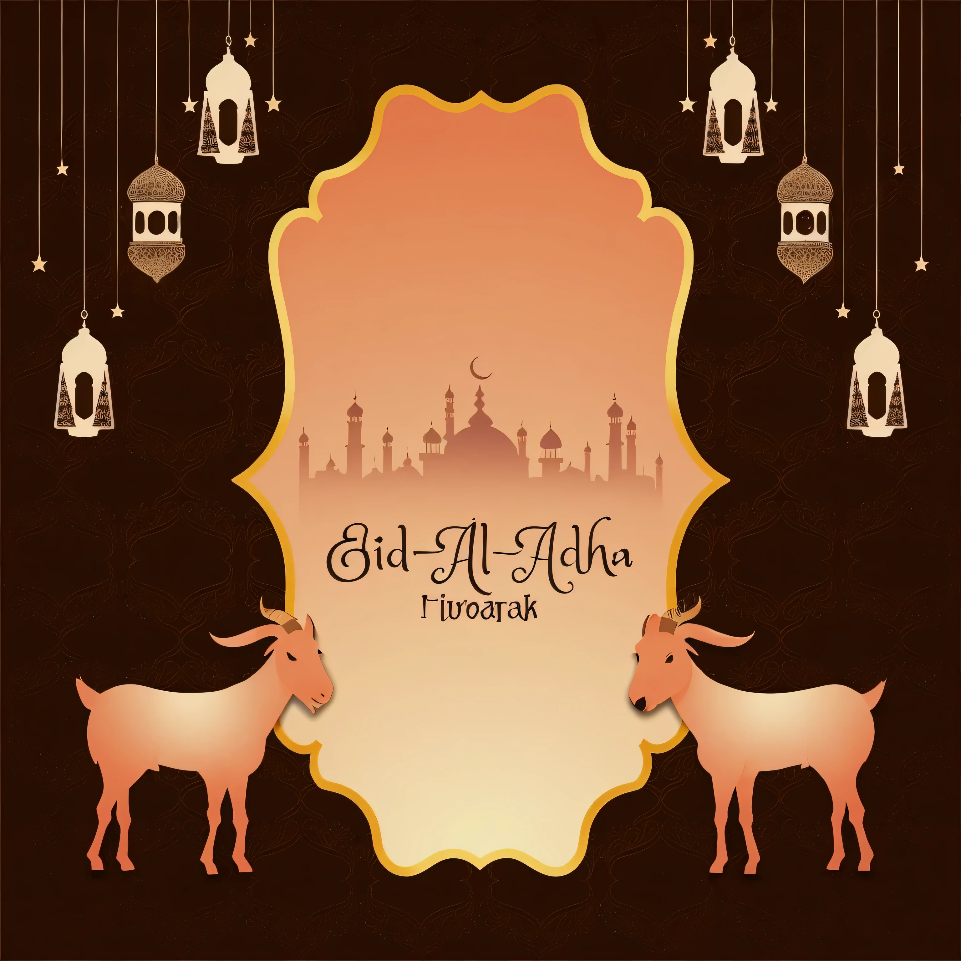 araffe with a goat and a lantern hanging from it's sides, created in adobe illustrator, card, full card design, islamic, best on adobe stock, happy, header text”, featured, illustration”, made with illustrator, a wide full shot, edited, wallpaper design, a beautiful artwork illustration, highly detailed illustration.”, arabian night, february), invitation card, b