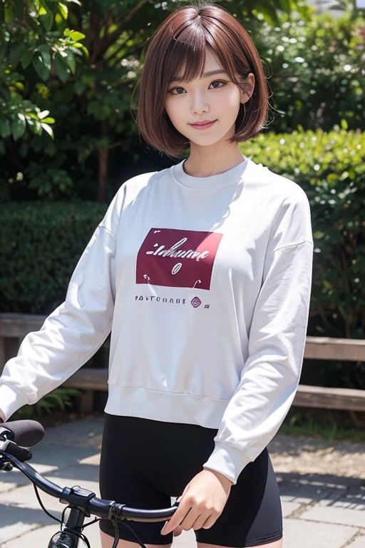 cute japanese college student、21 years old、Super detailed face、Attention to detail、double eyelid、Beautiful thin nose、Sharp focus:1.2、Beautiful woman:1.4、(Maroon brown hair、Short Hair)、（Detailed facial features）、Brunette eyes、natural bangs、White skin、highest quality、masterpiece、超A high resolution、(Photorealistic:1.4)、Highly detailed and professionally lit smile、looking at the camera、Medium Bob Hair、Bright lighting、Professional Lighting、Smooth lighting、One person is standing、(Trendy long sleeve cycling jersey), Black shorts