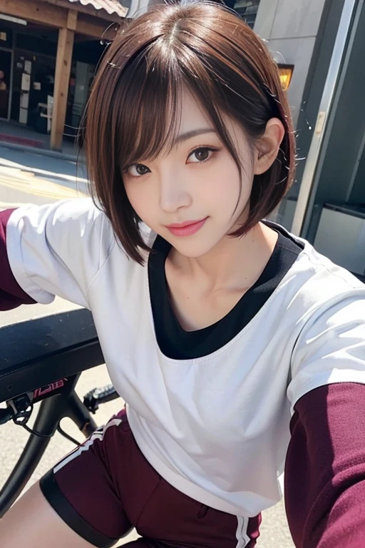 cute japanese college student、21 years old、Super detailed face、Attention to detail、double eyelid、Beautiful thin nose、Sharp focus:1.2、Beautiful woman:1.4、(Maroon brown hair、Short Hair)、(Detailed facial features)、Brunette eyes、natural bangs、White skin、highest quality、masterpiece、超A high resolution、(Photorealistic:1.4)、Highly detailed and professionally lit smile、looking at the camera、Medium Bob Hair、Bright lighting、Professional Lighting、Smooth lighting、One person is standing、(Trendy long sleeve cycling jersey), Black shorts