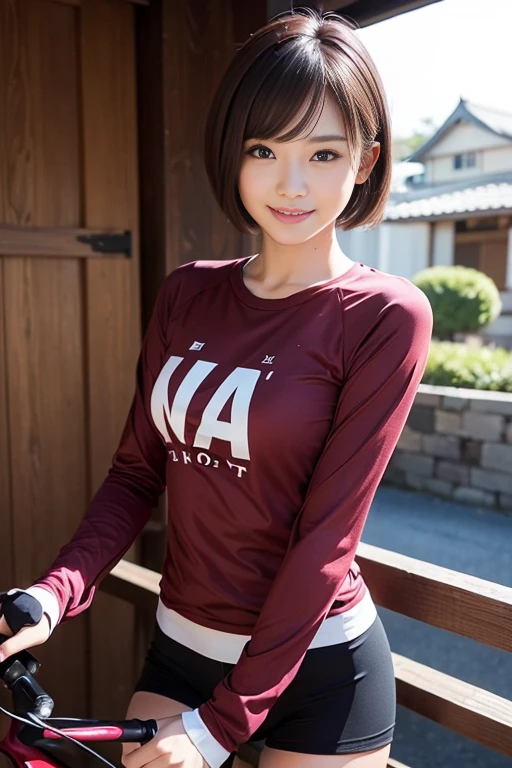 cute japanese college student、21 years old、Super detailed face、Attention to detail、double eyelid、Beautiful thin nose、Sharp focus:1.2、Beautiful woman:1.4、(Maroon brown hair、Short Hair)、（Detailed facial features）、Brunette eyes、natural bangs、White skin、highest quality、masterpiece、超A high resolution、(Photorealistic:1.4)、Highly detailed and professionally lit smile、looking at the camera、Medium Bob Hair、Bright lighting、Professional Lighting、Smooth lighting、One person is standing、(Trendy long sleeve cycling jersey), Black shorts