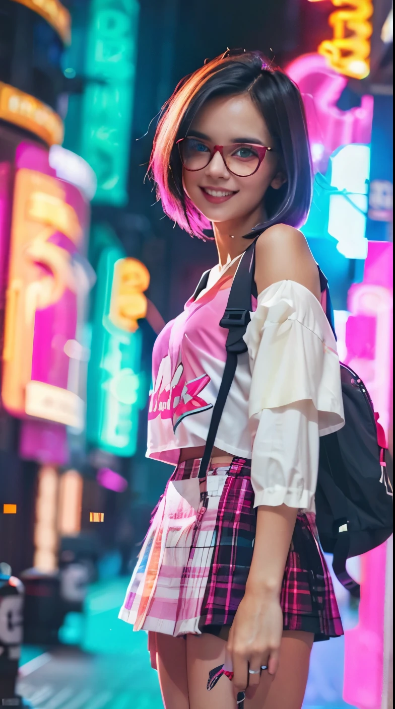 A colorful Bob cut haired punk canadian girl, smooth white skin, innocent look, 15 years old, wearing red glasses, Ultra high res, uhd, (photorealistic:1.4), cyberpunk outfit, ripped shirt, wink, smiling ear to ear, neon lighting, v-neck blouse, wearing skirt, cute pink backpack, colorful loose socks, full body shot, head to toe, fish eye lens, vogue pose, modelling,