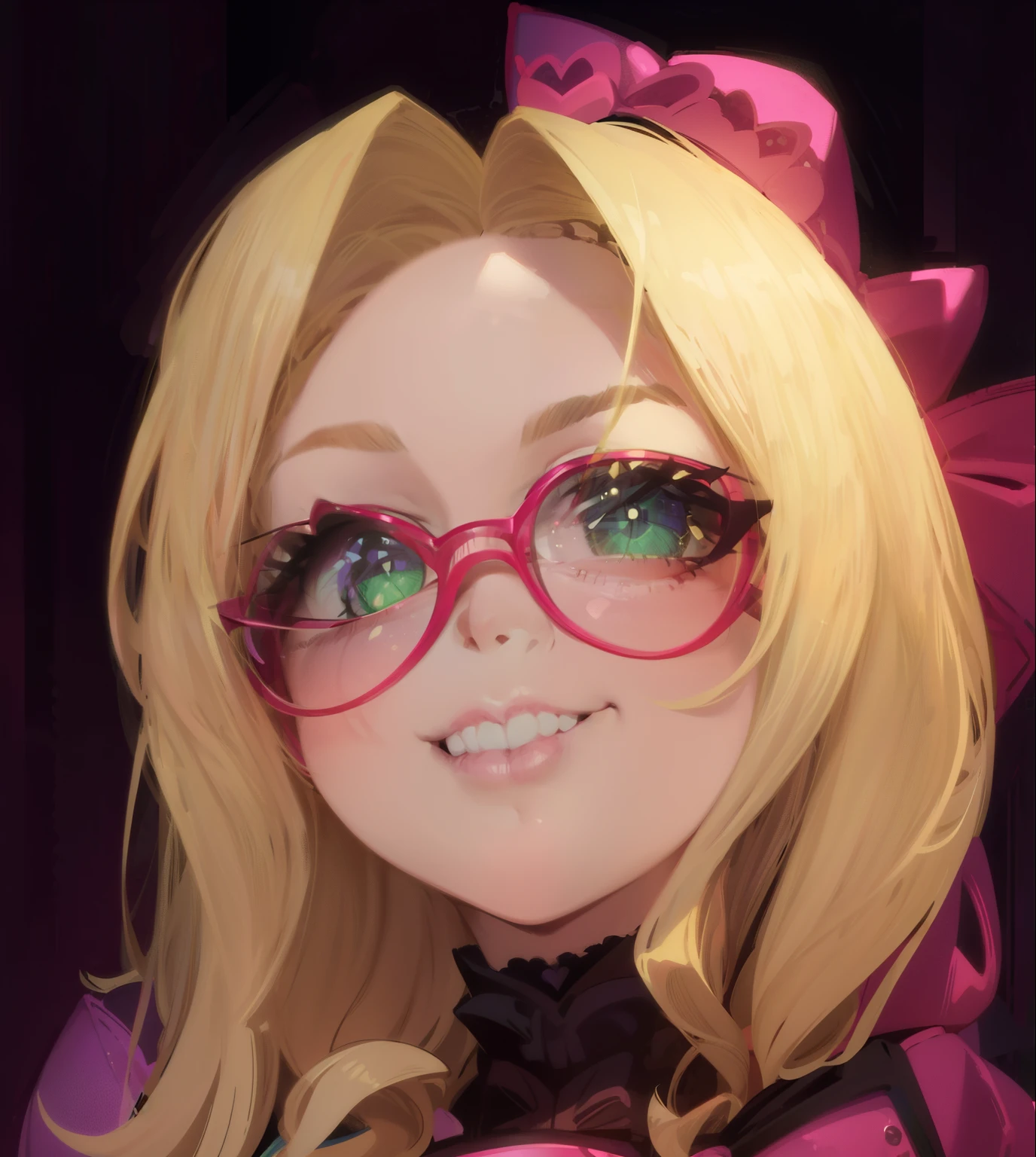 Long wavy blonde hair, green eyes, glasses, pink bow,  massive , big ass, juicy lips, big lips, droopy purple eyes, massive lashes,smiling, ((platform boots)), gothic clothes, dark makeup, lace, corset, ((plain background)), ((face))