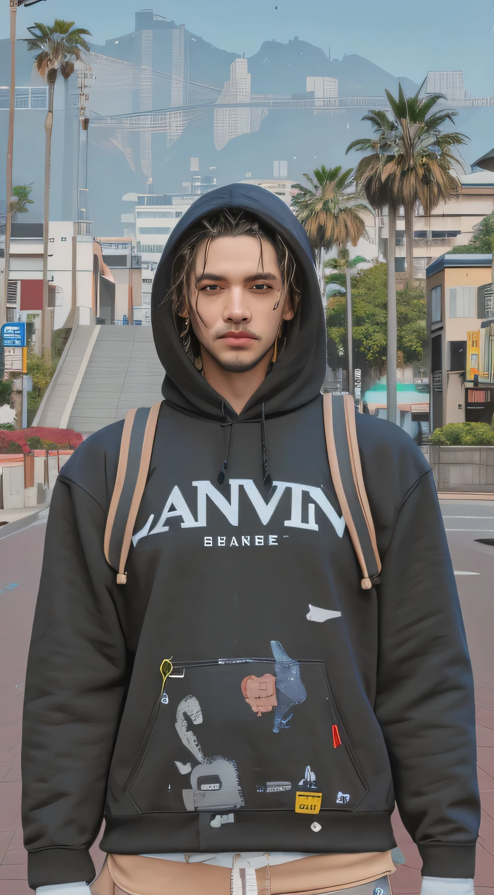 arafed man in a hoodie with a backpack and a backpack, cyberpunk street goon, in a hoodie, in a hood, as a character from gtav, wearing a hoody, inspired by Jean Malouel, gta character, 2 k aesthetic, gta v street style, detailed unblurred face, realistic clothing, upper body avatar, in a black hoodie, ultra high res.photo realistic: 1.4, UDH, dreadlocks, short white tips on the forehead, blue eyes are very beautiful, Latin face with a thin mustache, masculine face, white-tipped dreadlocks, plain black jacket, black and white dreadlocks