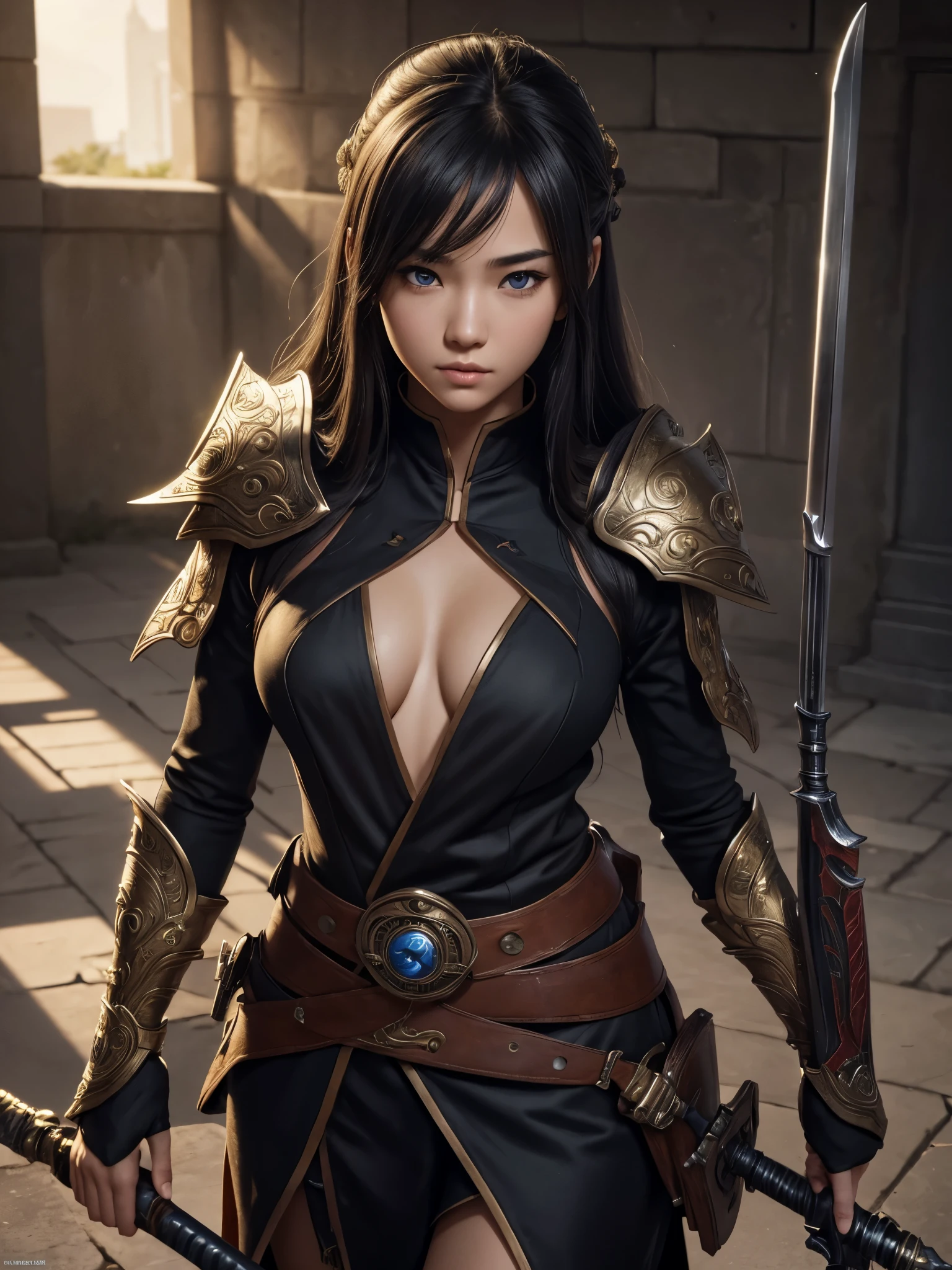 (1girl:1.3), Solo, (((Very detailed face)))), ((Very detailed eyes and face)))), Beautiful detail eyes, Body parts__, Official art, Unified 8k wallpaper, Super detailed, masterpiece, best quality, original, masterpiece, super fine photo, best quality, super high resolution, realistic realism, sunlight, hayabusa, elegand ninjutsu, trisula weapon, arher behind, full body potrait, detailed weapon,