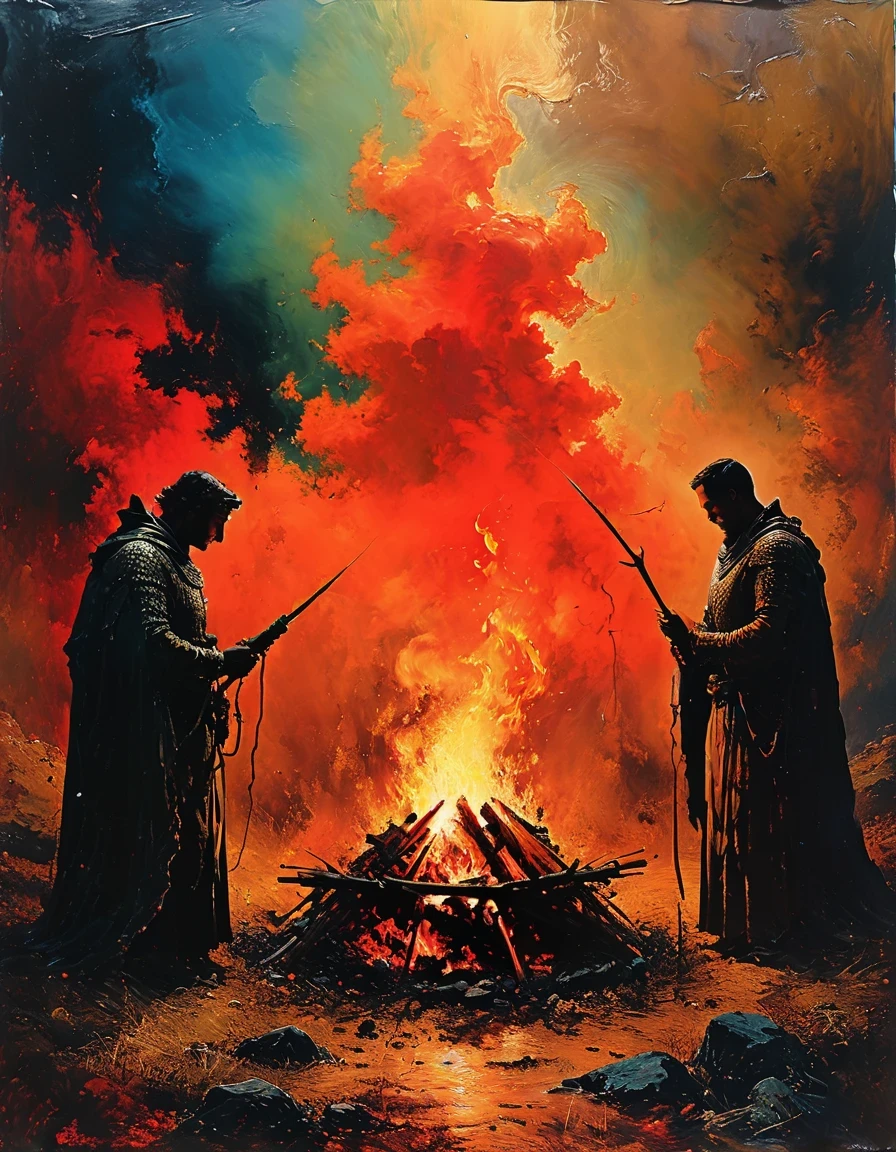 Campfire，bonfire，(vintage dark sci-fi surrealist campfire), partial reflection, double exposure stained glass painting by Moebius, Alena Enami, James R. Izzy and Maxfield Parrish