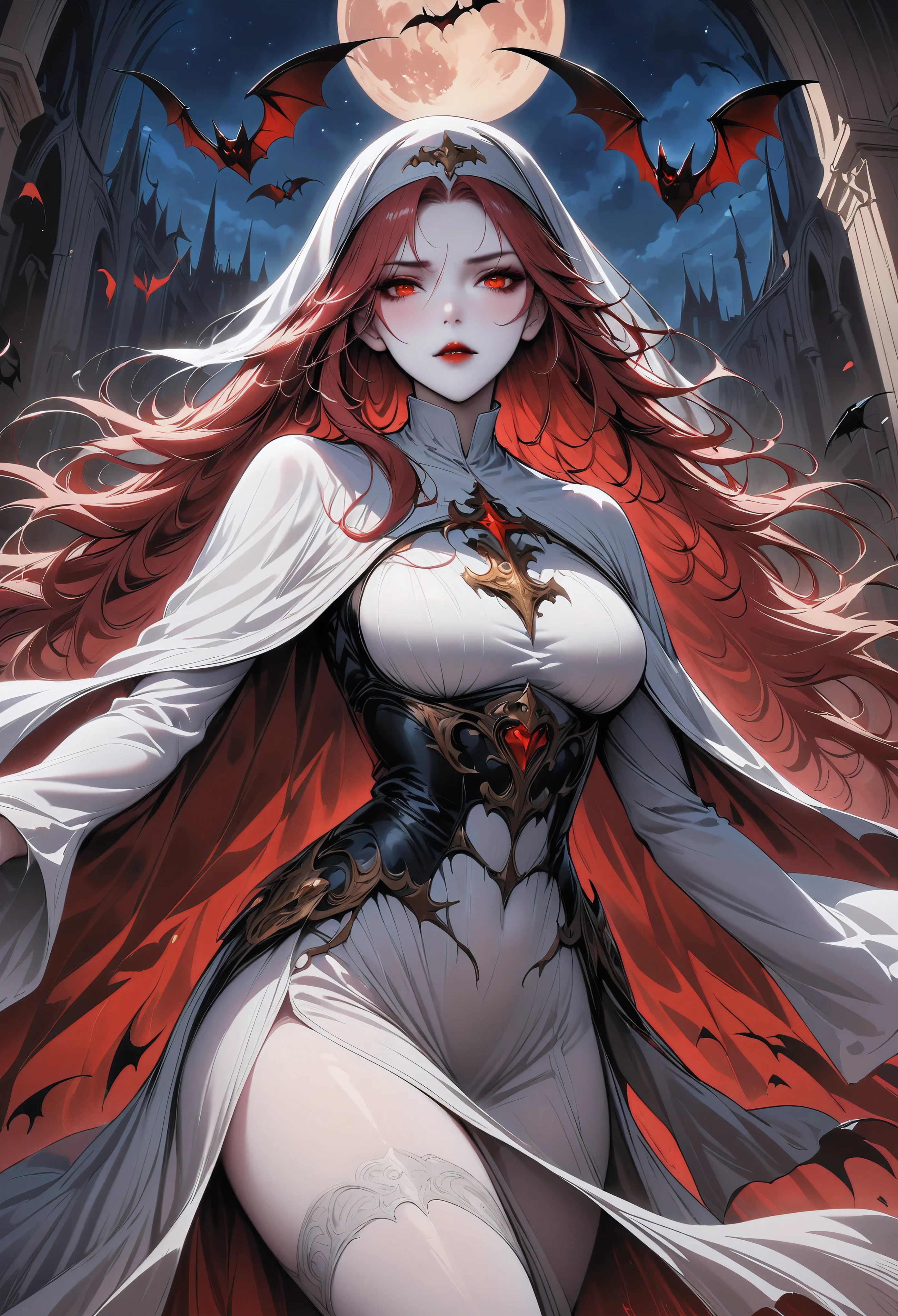 Exquisite beauty pictures (nun: 1.3) The vampire stood under the starry sky on the porch of her convent, Dynamic angle (Super detailed, masterpiece, best quality), Super detailed face (Super detailed, masterpiece, best quality), ultra-feminine, (pale skin: 1.3), Red hair, curls, Dynamic eye color, icy look in the eye, glowing eyes, Sharp eyes, deep red lips, [fangs], wearing white nun habit (Super detailed, masterpiece, best quality), Wearing a blue cape (Super detailed, masterpiece, best quality), Long cape, flowing cloak (Super detailed, masterpiece, best quality), Wear high-heeled boots, Starry sky background, moon, Bats fly around, action shots, high detail, best quality, 16K, [Super detailed], masterpiece, best quality, (Super detailed), whole body, ultra wide angle lens, photorealism, dark fantasy art, dark fantasy art, gothic art, many stars, dark fantasy art, gothic art, Feelings of fear, blood magic