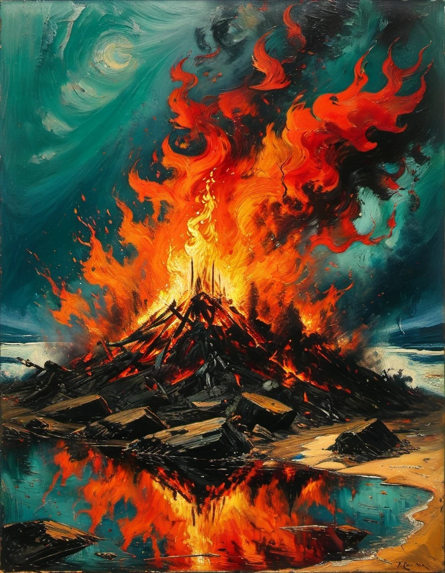 Irma Stern painted ，（Bonfire by the water），close up，Partial reflection，