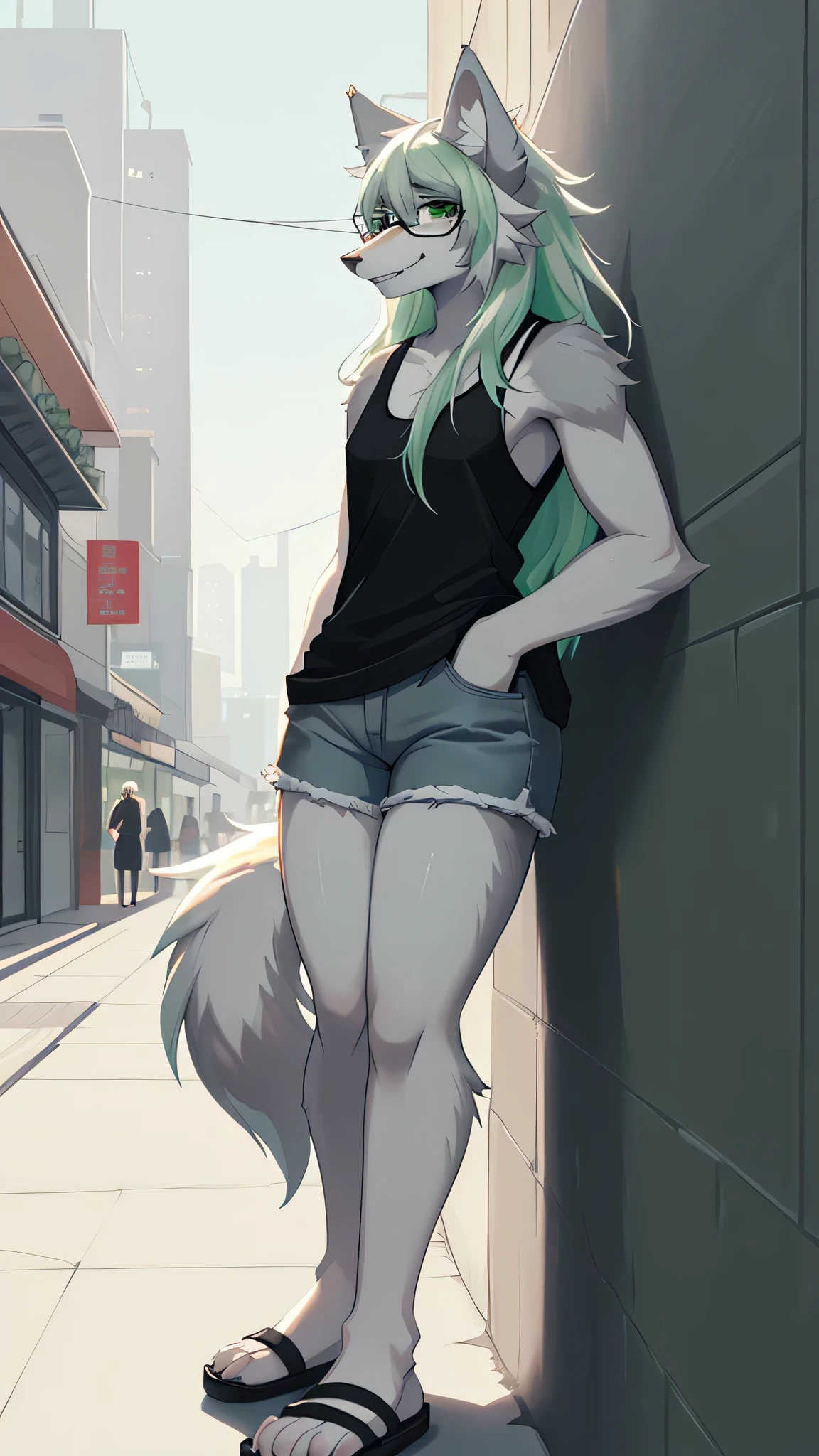 Solo:1.2, By claweddrip, by hyattlen, by fumiko, a cute female gray wolf, long hair, white green hair, green eyes, long white whiskers, cute gray tabby wolf ears, gray tabby wolf tail, tall, slender, wearing Jean shorts, absolute territory, scuffed black flip flops, green tank top, hands in pockets, large round clear glasses, high quality, fluffy ear tips, looking_away:1.3, leaning on a wall, in a vibrant city street, smiling, wolf teeth, full body in frame