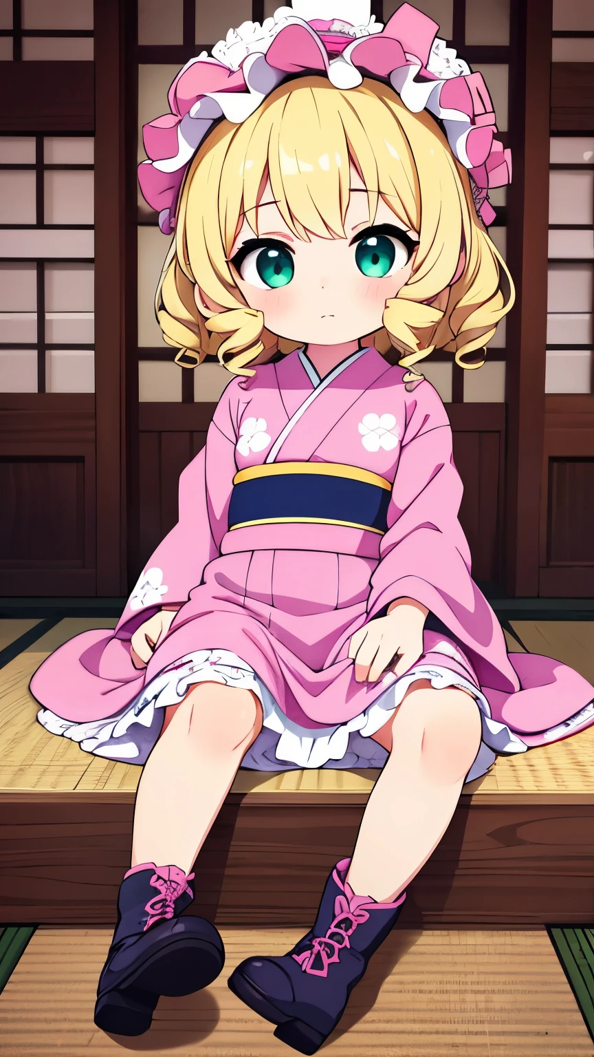 Teenage Girls,Blonde curly short hair,eyes are dark blue,Pink kimono with green obi,pink lolita bonnet,Japanese and Western eclectic,Lolita Fashion,kimono,Character portrait,Lace-up boots on the feet