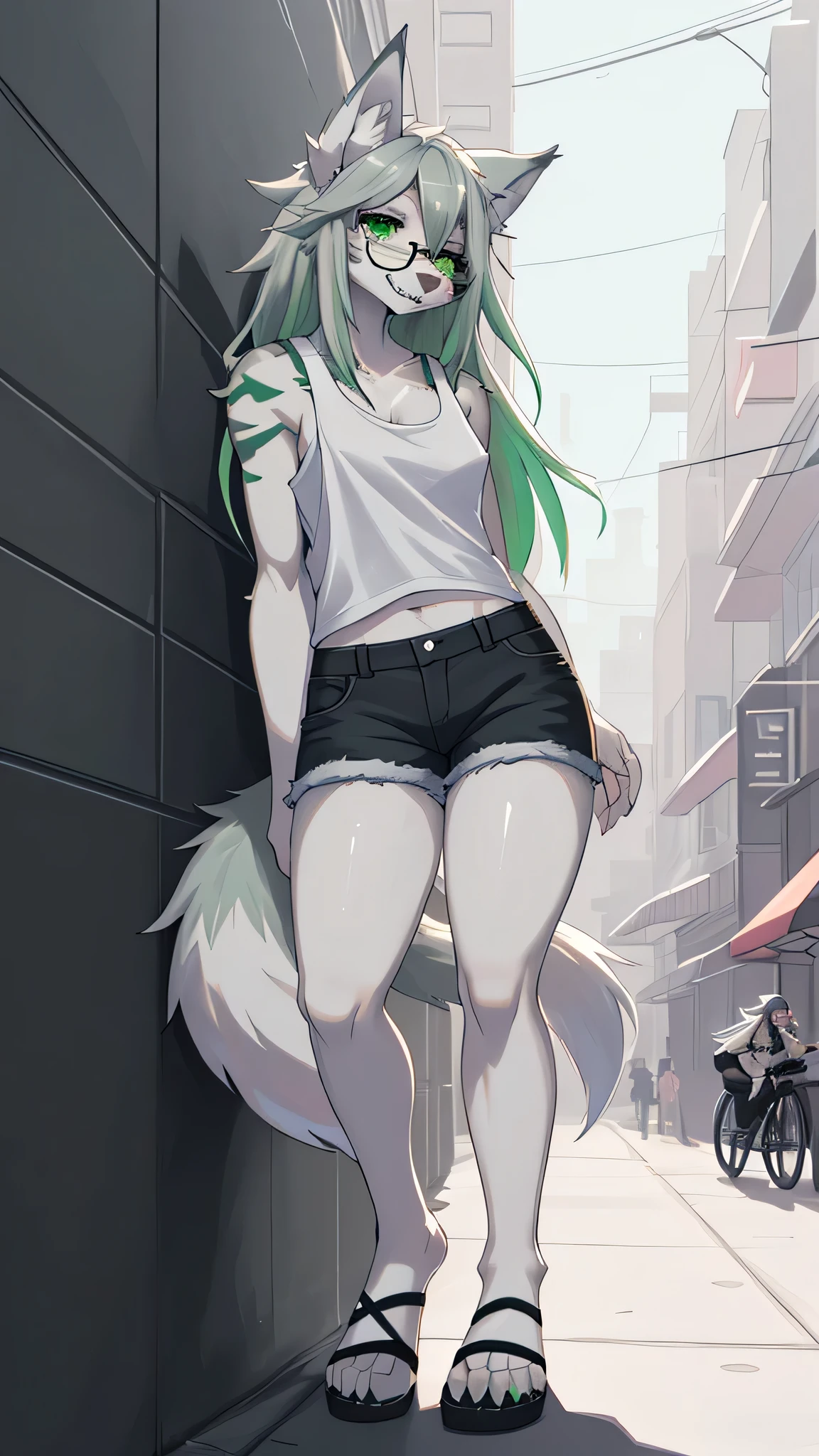 Solo:1.2, By claweddrip, by hyattlen, by fumiko, a cute female gray wolf, long hair, white green hair, green eyes, long white whiskers, cute gray tabby wolf ears, gray tabby wolf tail, tall, slender, wearing Jean shorts, absolute territory, scuffed black flip flops, green tank top, hands in pockets, large round clear glasses, high quality, fluffy ear tips, looking_away:1.3, leaning on a wall, in a vibrant city street, smiling, wolf teeth, full body in frame