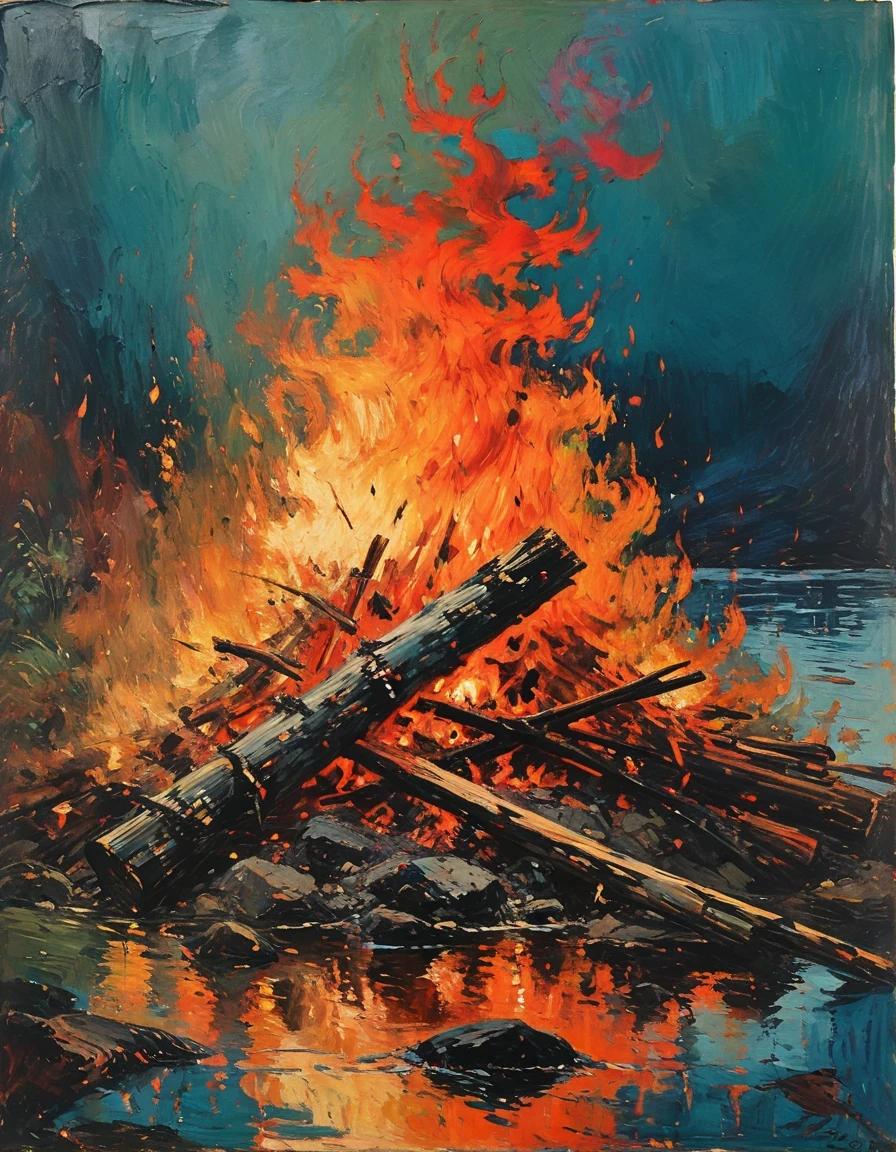 Irma Stern painted ,(Close-up of bonfire by the water),Bonfire of burning wood,Partial reflection,