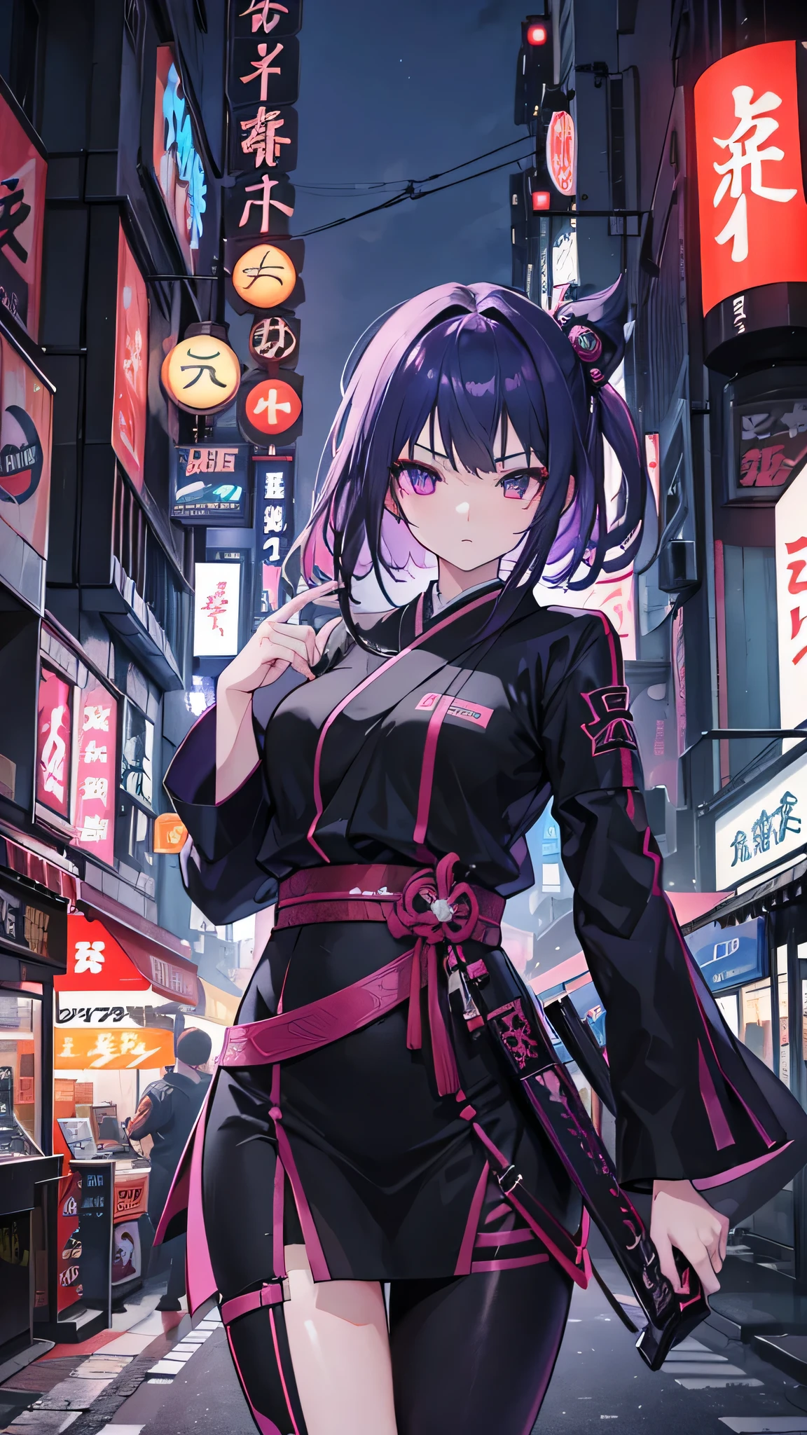 Create a stunning anime illustration of a young Japanese assassin girl, featuring a modern twist on traditional ninja attire. The girl should be dressed in a stylish, form-fitting outfit that combines black and purple hues, designed for ease of movement. She should appear in the midst of a stealthy approach towards her target, under the neon lights of a nighttime Tokyo setting. The image should be rendered in 8k resolution, with ultra-detailed description and top-quality artistic rendering to capture the vibrant and dynamic urban environment. This masterpiece should effectively blend the ancient ninja theme with contemporary fashion and urban aesthetics.