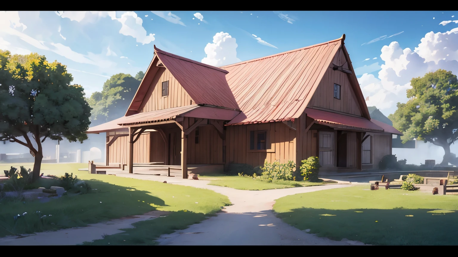 red house，medieval architecture，Look around，It is a large integrated farm.，There are not only（Vegetables and fruits），（corn），（tomato），（pig），（ox），（sheep)，Lots of animals，Farms，orchard，3D high image quality，Miyazaki style，Cartoon Style，movie lighting effects，Top view，shadow, Relief, Stereogram, tachi-e, pov, atmospheric perspective, film lighting, 8k, Super Detail, precise, Best quality, UHD, Best quality, high resolution, high quality