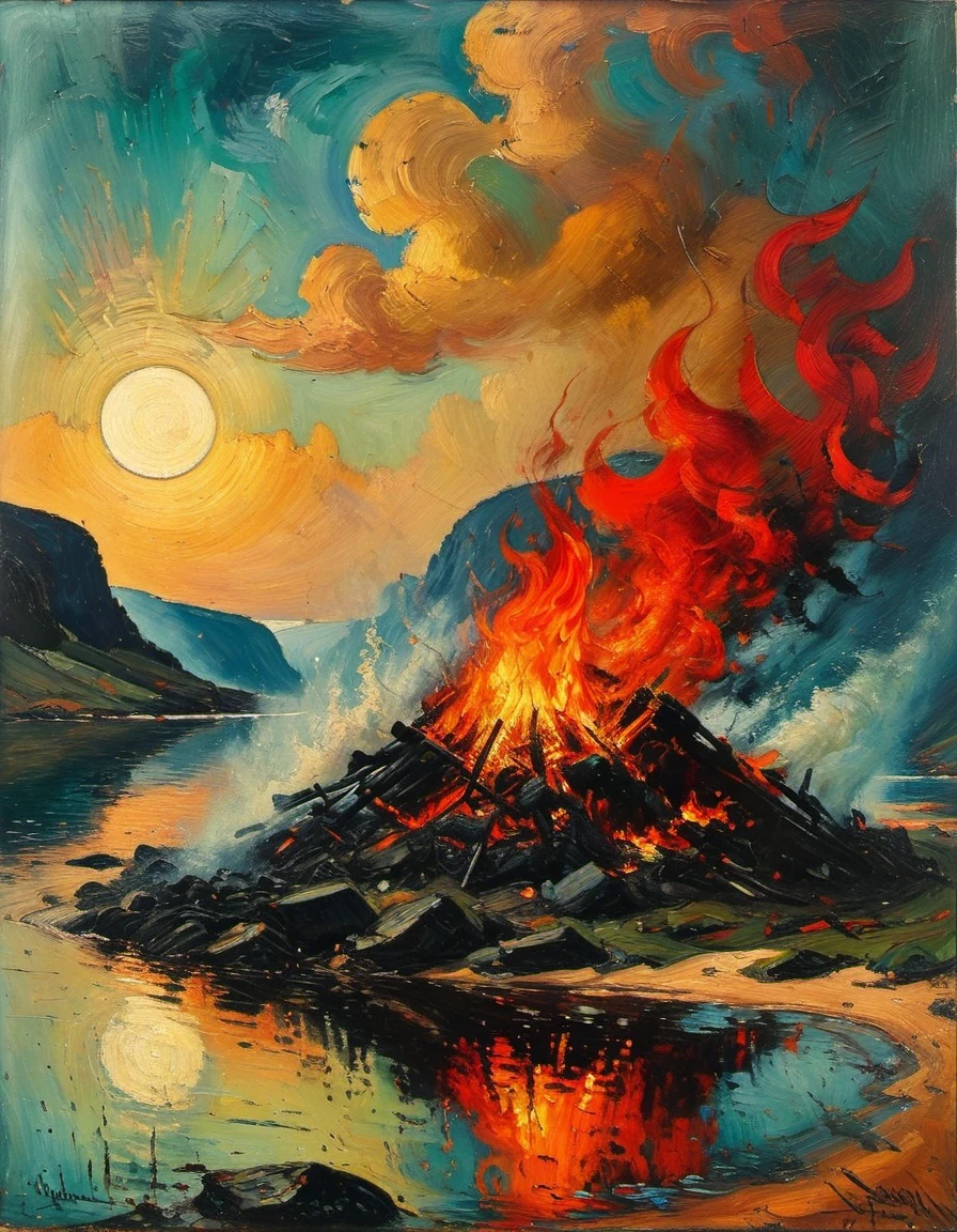 Irma Stern painted ,(Bonfire by the water),close up,Partial reflection,