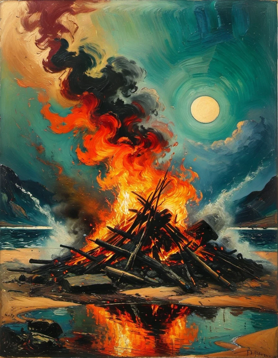 Irma Stern painted ，（Bonfire by the water），close up，Partial reflection，