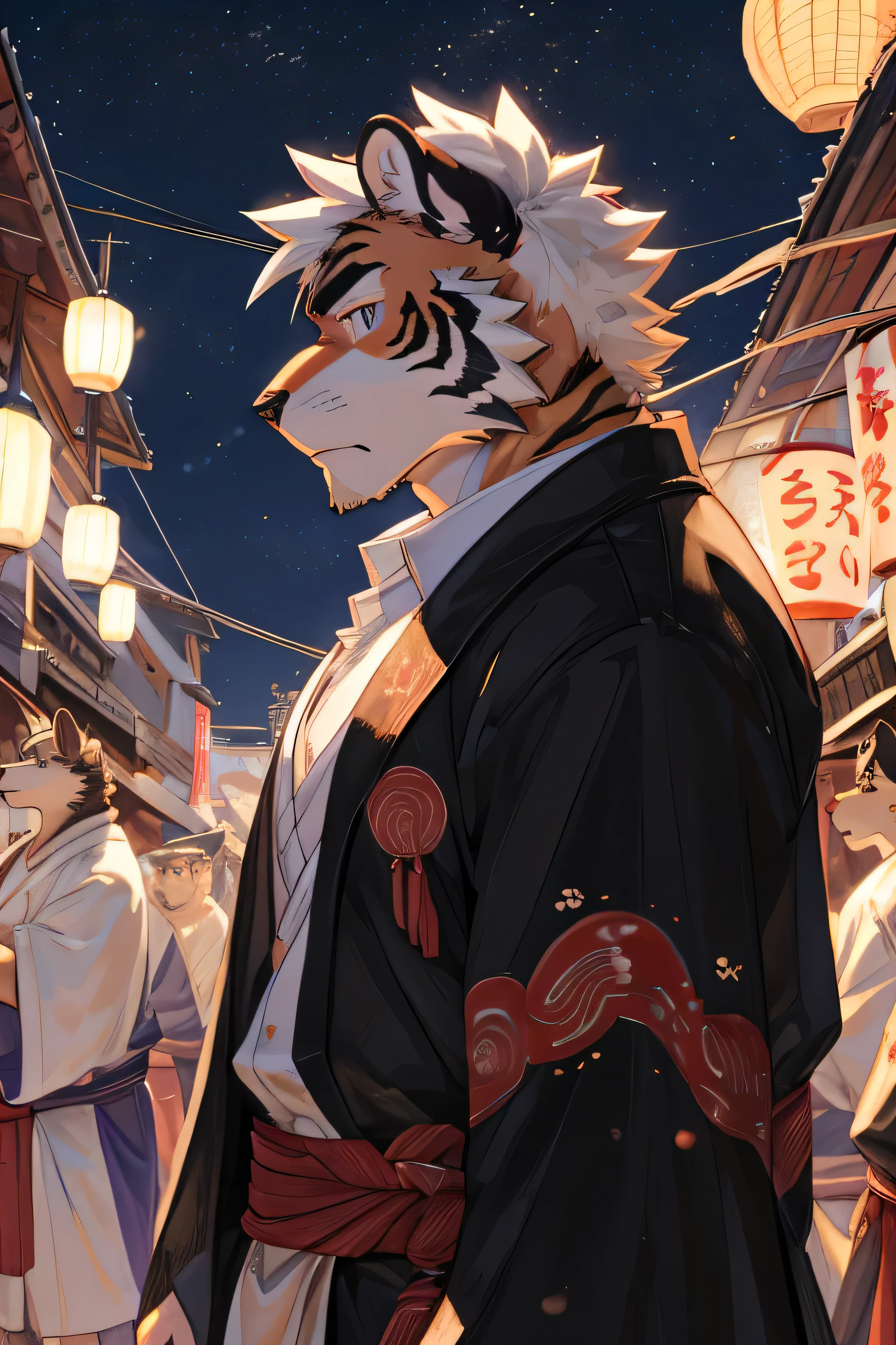 watercolor，Ukiyo-e Art，night，etching，Natural Lighting，Kyoto Animation，(((summer festival)))，male，juvenile，(((furry)))，tiger，Black eyes，Strong body，Close-up of face，(((Full body portrait)))，High purity shades，High Detail，high quality，Third person perspective，(((Naked)))，(((White loincloth)))，(((shirt open)))，bright，Octane Rendering，((There is only one person))，Blur，midsummer，Short sleeve，White hair，(((gratified)))