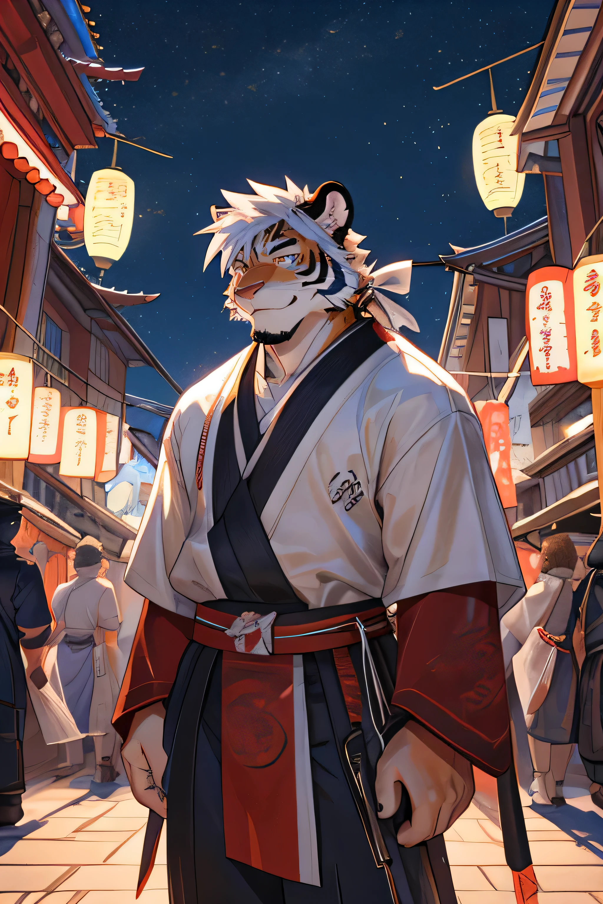 watercolor,Ukiyo-e Art,night,etching,Natural Lighting,Kyoto Animation,(((summer festival))),male,juvenile,(((furry))),tiger,Black eyes,Strong body,Close-up of face,(((Full body portrait))),High purity shades,High Detail,high quality,Third person perspective,(((Naked))),(((White loincloth))),(((shirt open))),bright,Octane Rendering,((There is only one person)),Blur,midsummer,Short sleeve,White hair,(((gratified)))