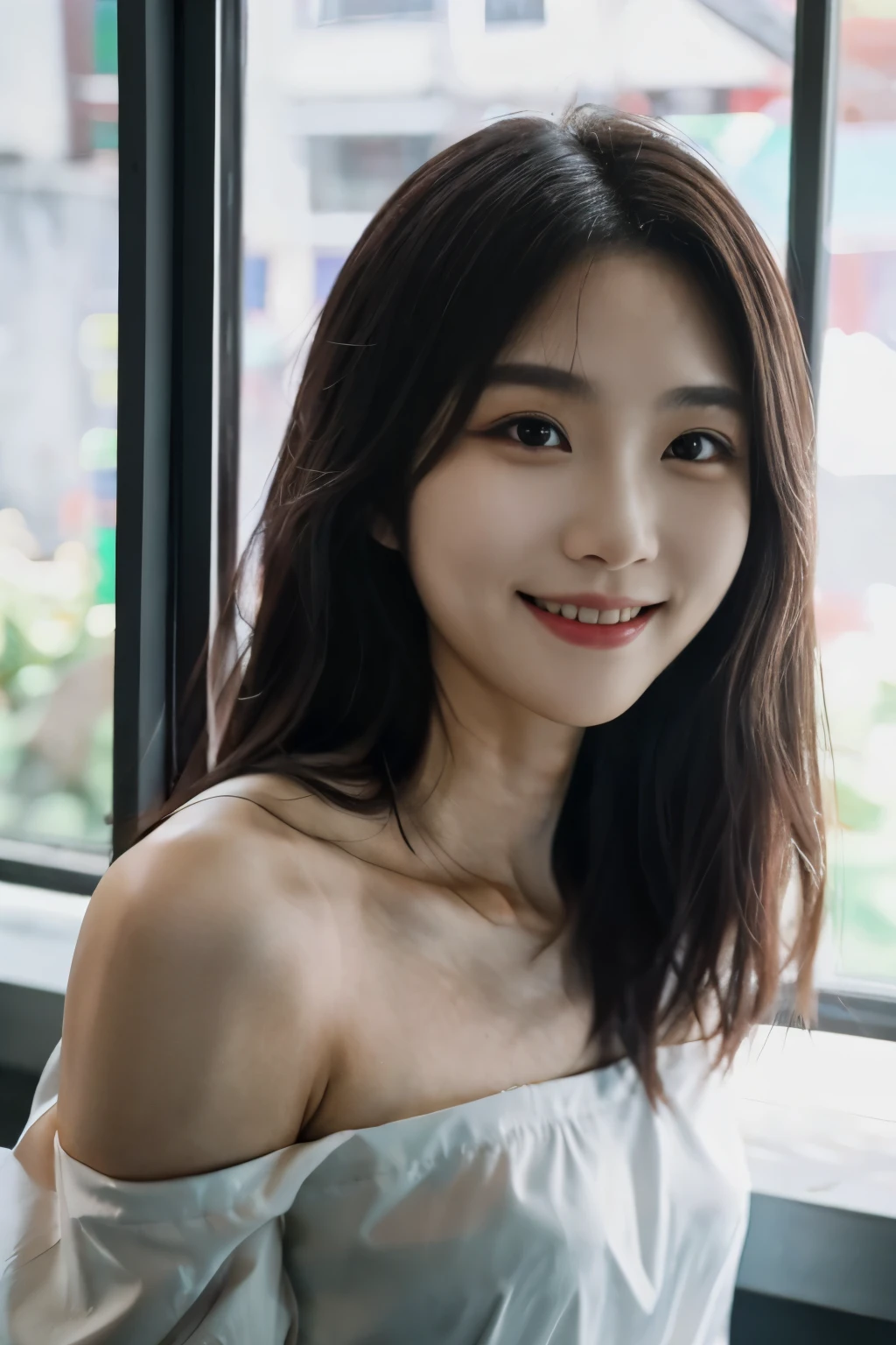 1 Girl, solo，Taiwanese beauty,Korean idol, close up, Rich details，shoulder length hair，Realism，Medium build，Natural breasts，自拍photo, photo, Movie, Depth of Field, Smile, , window, Looking at the audience,real life pictures，