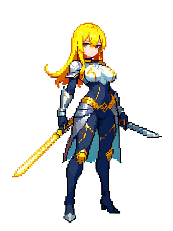(masterpiece, top quality, best quality), pixel,pixel art,1girl,huge breast,yellow hair, wearing silver armor,hold a sword,full body,