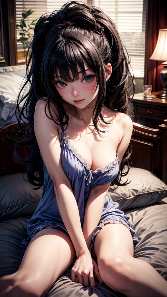 highest quality、4K quality、bed、Woman rides on top of man、a man puts his hand inside a woman&#39;s clothes、sexual intercourse、The woman is slender、Woman Nightgown