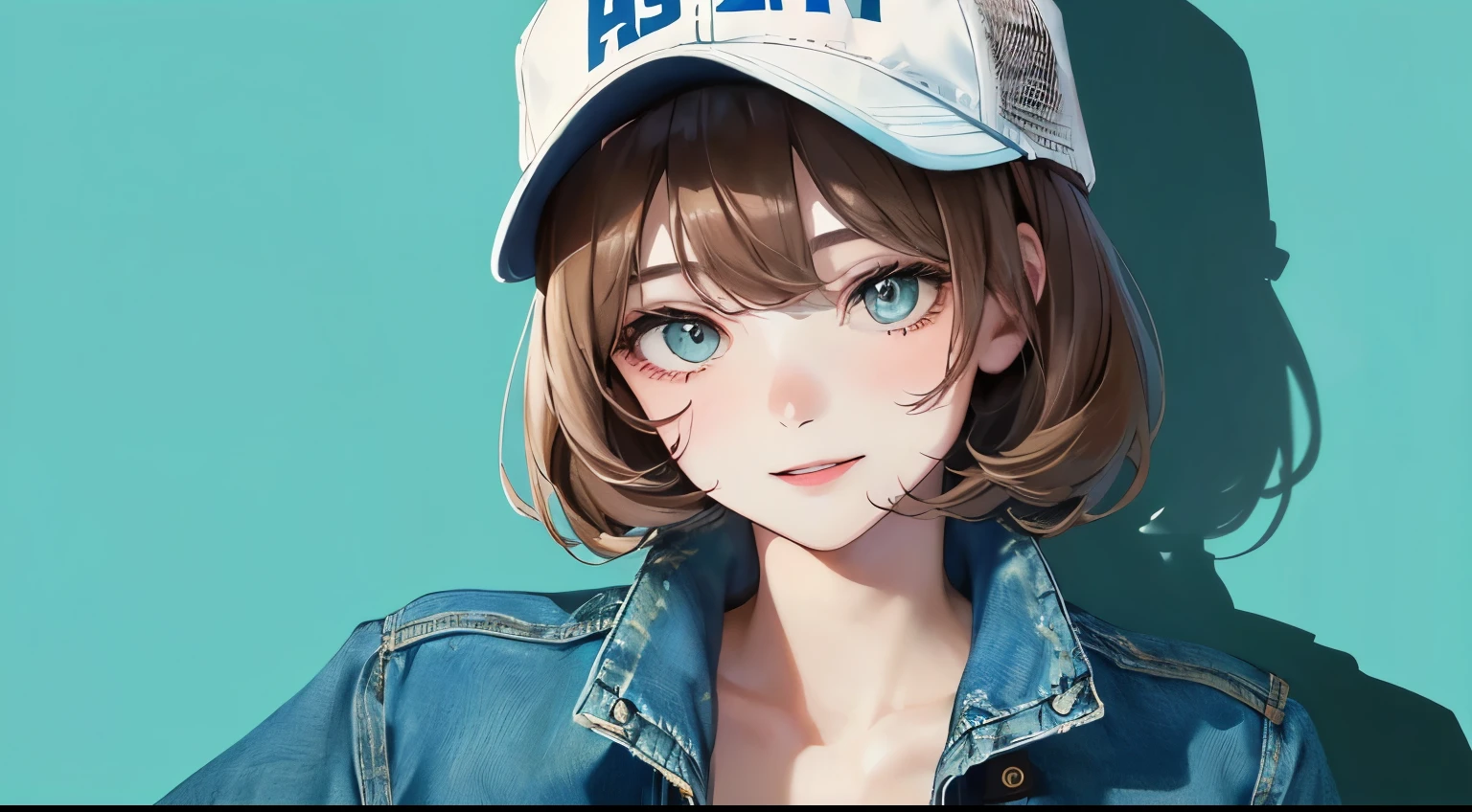 (((1 personの少女)))、Masterpiece,best quality, ((smile))), ((1 person)),(((Denim Jacket)))、,((Baseball Cap))、((Cyan background)),determined expression, upper body diagram、 (Highest Resolution、Clear_image)、Best Quality、Light and shadow contrast、((illumination))、Very detailed、Semi-realistic、Short hairstyle、Brown Hair、bangs、19 years old、　Lady,,young、((View from top))、Delicate Facial Features