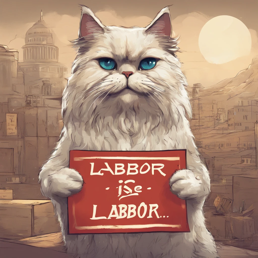 A Persian cat holding up a sign that says (labor is illegal), signed: (help me) #LaborRights #PetsForPeace