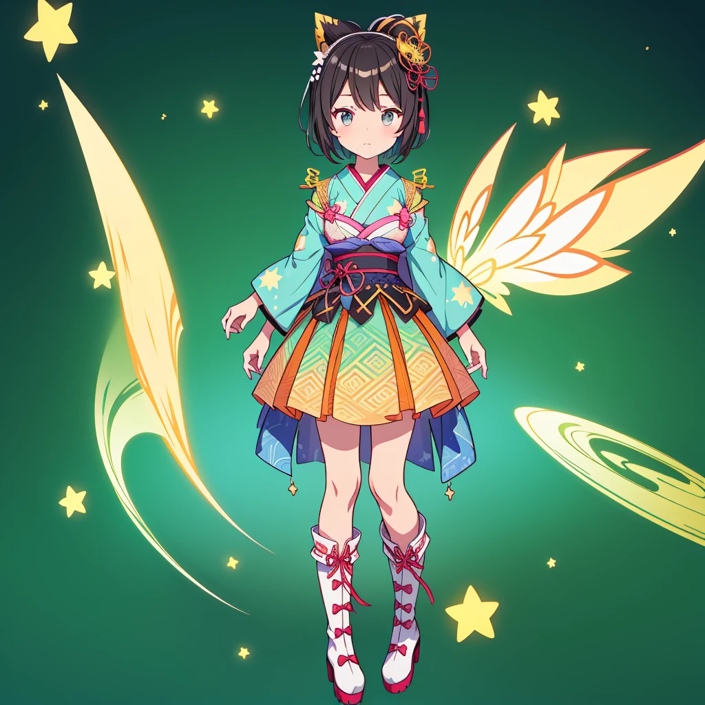 1girl、vtuber-fullbody、Star Fairy、Masterpiece、Official Art、Super detailed、super beautiful、かわいいStar Fairy、white straight short hair、Milky Way、universe、star charm、Star、Baby Face、Knee-high boots、Japanese pattern dress、浴衣をリメイクした黒と紺色のuniverseを思わせるOiranフリルドレス、Oiran、Simple Background、green background、no body,