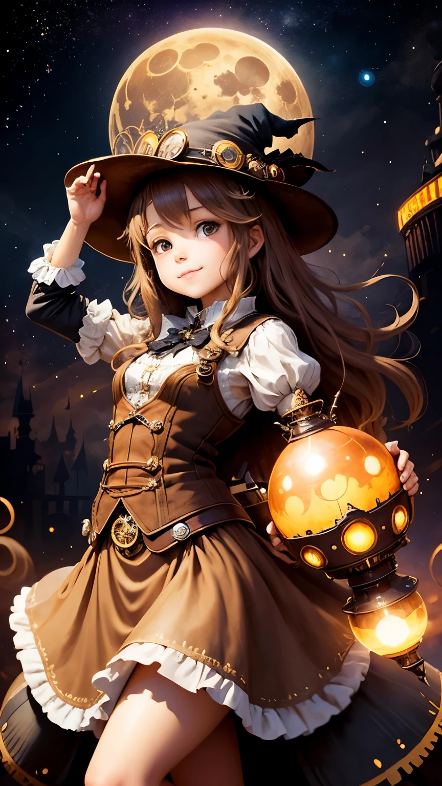 steampunkai。One Girl。little cute witch。long light brown fluffy hair。Light brown long skirt witch outfit。A strong-willed smile。A cool pose with a magic wand。The background is a bright moon and starry sky。