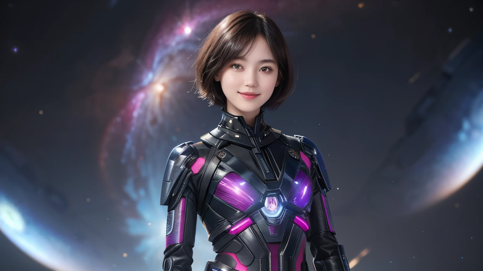 213 Short Hair, 20-year-old woman, A kind smile, Floral, Futuristic clothing, Mechanical Suit, (The background is a galaxy and nebula), ((Clothing that exposes the abdomen))