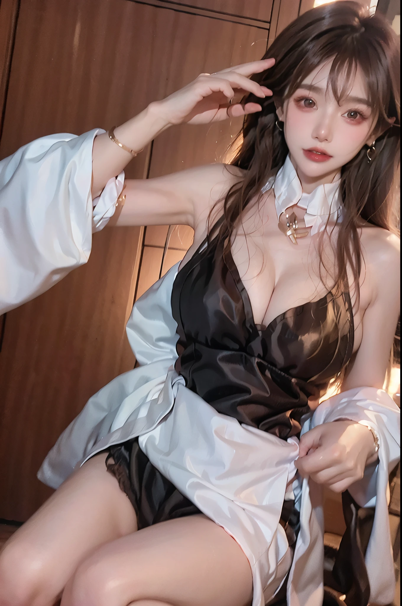 Beautiful woman with perfect body:1.4,Layered Hairstyle,Prominent cleavage,Highly detailed face and skin textures,Double eyelids,Skin Whitening,Long hair,Whitened long legs