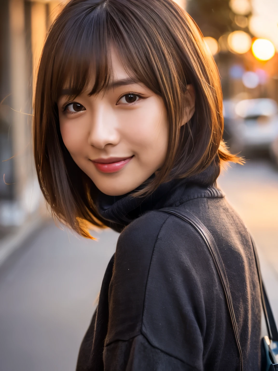 product quality, 1 girl, cowboy shot, front view, a Japanese young pretty girl, long bob hair, walking with a big smile on a crowded sidewalk in the evening, the beautiful sunset, wearing a black turtleneck sweater, hem of the sweater over jeans, carrying a shoulder bag over her shoulder, hyper cute face, glossy lips, double eyelids for both eyes, natural makeup, shiny smooth light brown hair of long bob hair, asymmetrical bangs, tanned skin, central image, 8K resolution, high detail, detailed hairstyle, detailed face, cinematic lighting, octane rendering, hyper realistic, perfect limbs, perfect anatomy