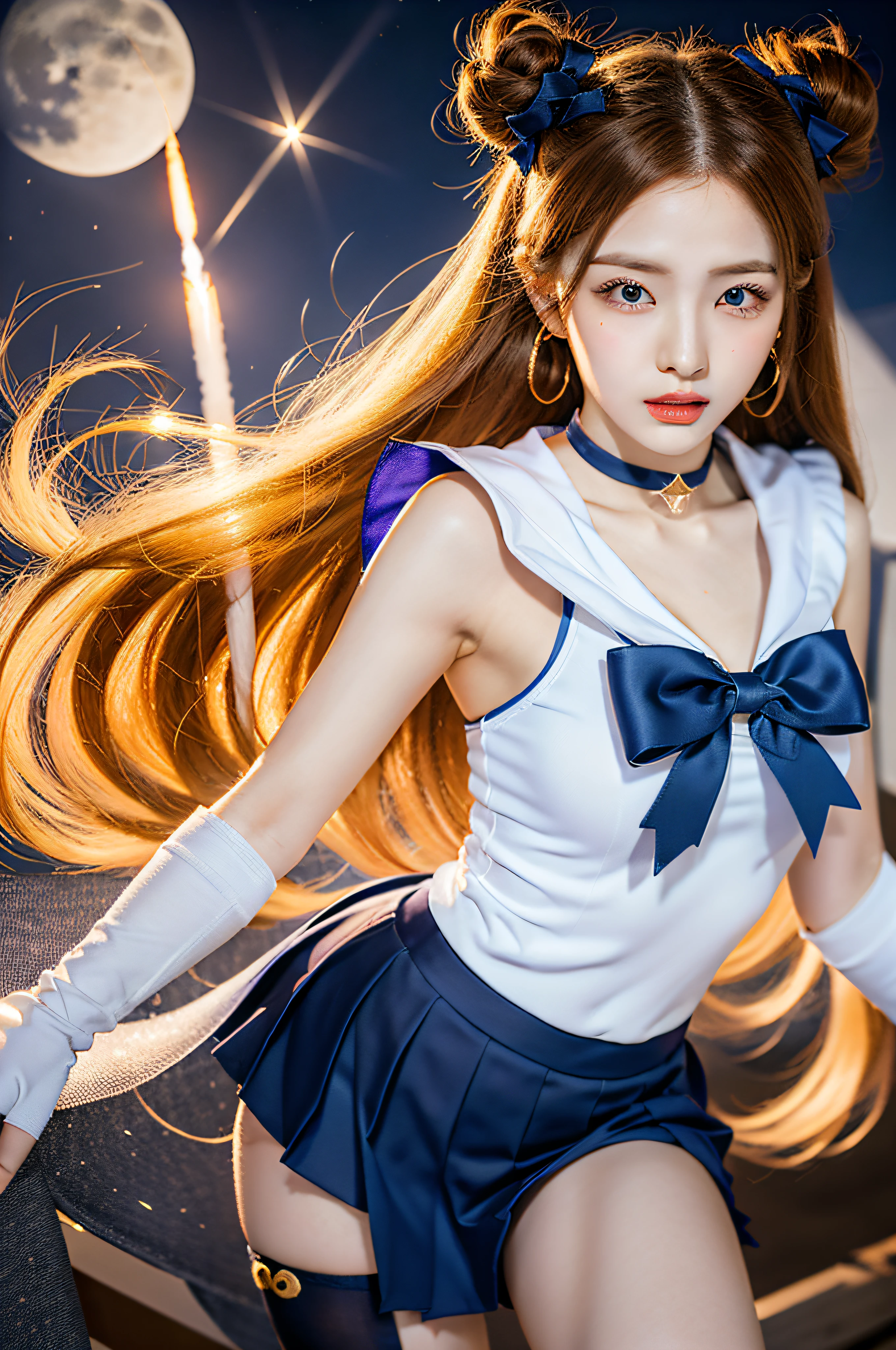Various Kamei cosplays "Tsukino Usagi" From Sailor Moon. She has golden blonde hair styled in an iconic bun, sharp blue eyes, and、Wearing a blue skirt and signature sailor suit, Red Bow, and white gloves. Accessories include crescent-shaped earrings, Red Shoes, heart brooch, Moon Tiara, Transformation Pen, and星のロケットを持ったチョーカー. The background captures the shining full moon illuminating her figure. The image should be surreal, Capture every intricate detail, 16K resolution.
--16 pieces:9 - V5.1 --style 生 --q 2 --s 750