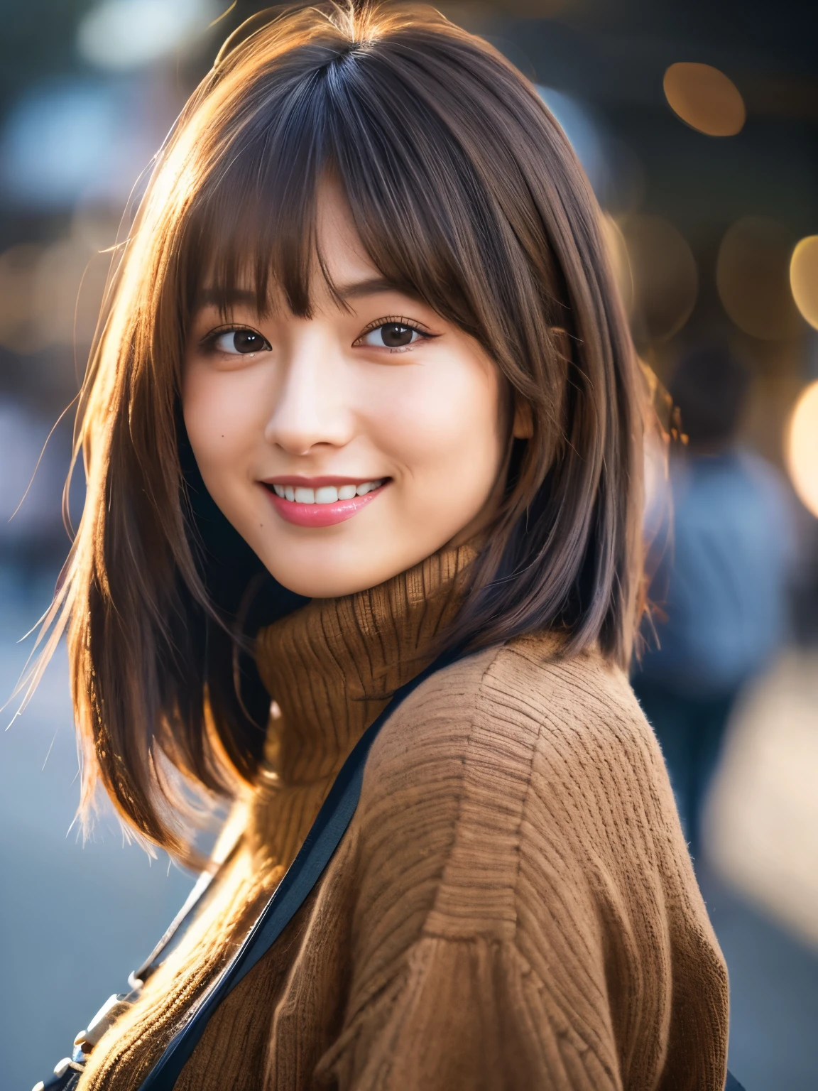 product quality, 1 girl, cowboy shot, front view, a Japanese young pretty girl, long bob hair, walking with a big smile on a crowded sidewalk in the evening, the beautiful sunset, wearing a black turtleneck sweater, hem of the sweater over jeans, carrying a shoulder bag over her shoulder, hyper cute face, glossy lips, double eyelids for both eyes, natural makeup, shiny smooth light brown hair of long bob hair, asymmetrical bangs, tanned skin, central image, 8K resolution, high detail, detailed hairstyle, detailed face, cinematic lighting, octane rendering, hyper realistic, perfect limbs, perfect ???????