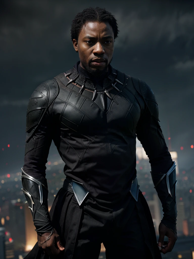 A stylized portrait of King T'Challa in Black Panther suit against a Wakanda city skyline, with dramatic lighting and a futuristic look