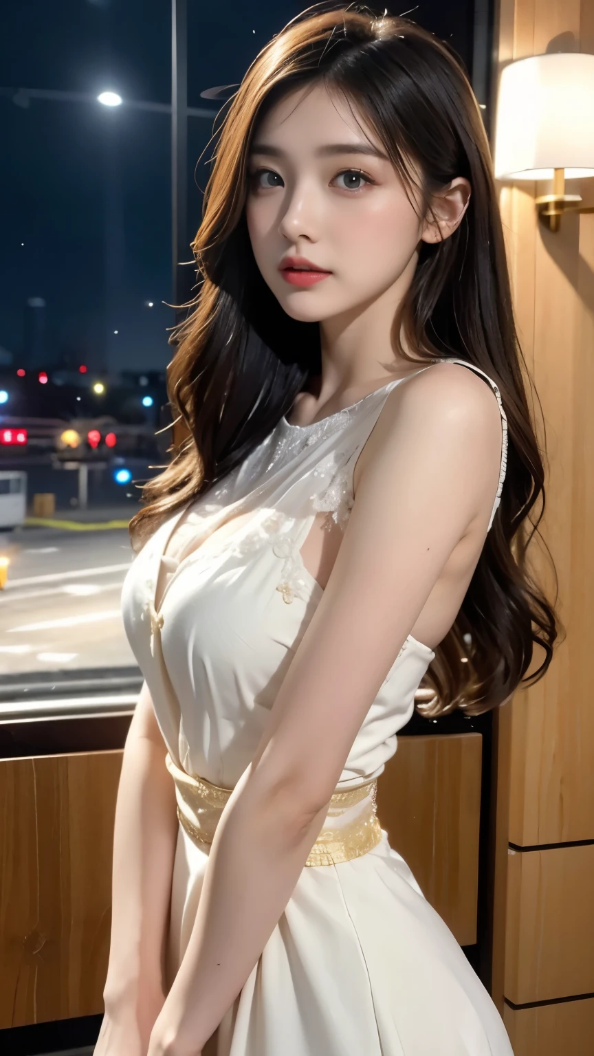 highest quality、High resolution、Very detailed、masterpiece、(Live Shooting:1.5)、Genuine:1.5、photoGenuineistic:1.5、Very delicate and beautiful、The finer details、1 female、(European:1.8)、Early 20s、(so beautiful)、(Super beautiful face)、(Golden middle hair)、(blue eyes)、Wearing makeup、(Standing in the airport departure lobby at night)、(The background is a night view of an airplane seen from the window and falling snow..)、(Upper Body Shot)