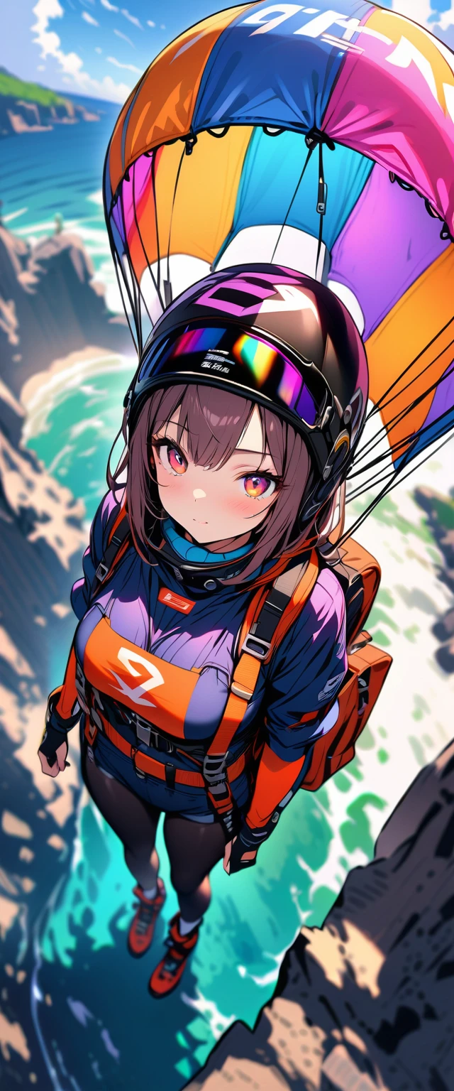 (masterpiece, best quality), (colorful:1.4), from above, solo, 1girl standing at the edge of a cliff with a parachute strapped on and a bag of skydiving gear, depth of field, fisheye lens