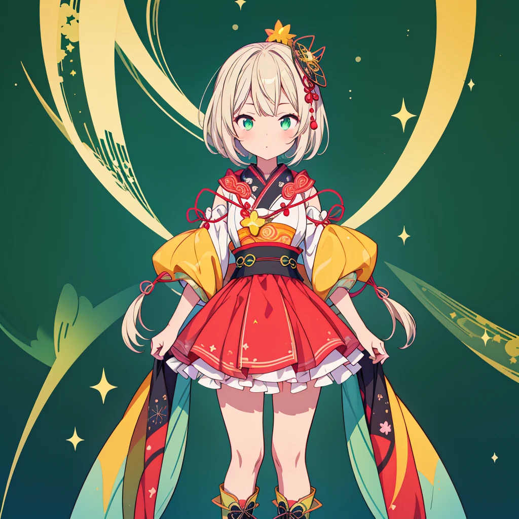 1girl、vtuber-fullbody、Star Fairy、Masterpiece、Official Art、Super detailed、super beautiful、かわいいStar Fairy、white straight short hair、Milky Way、universe、star charm、Star、Baby Face、Knee-high boots、Japanese pattern dress、浴衣をリメイクした黒と紺色のuniverseを思わせるOiranフリルドレス、Oiran、Simple Background、green background、no body,