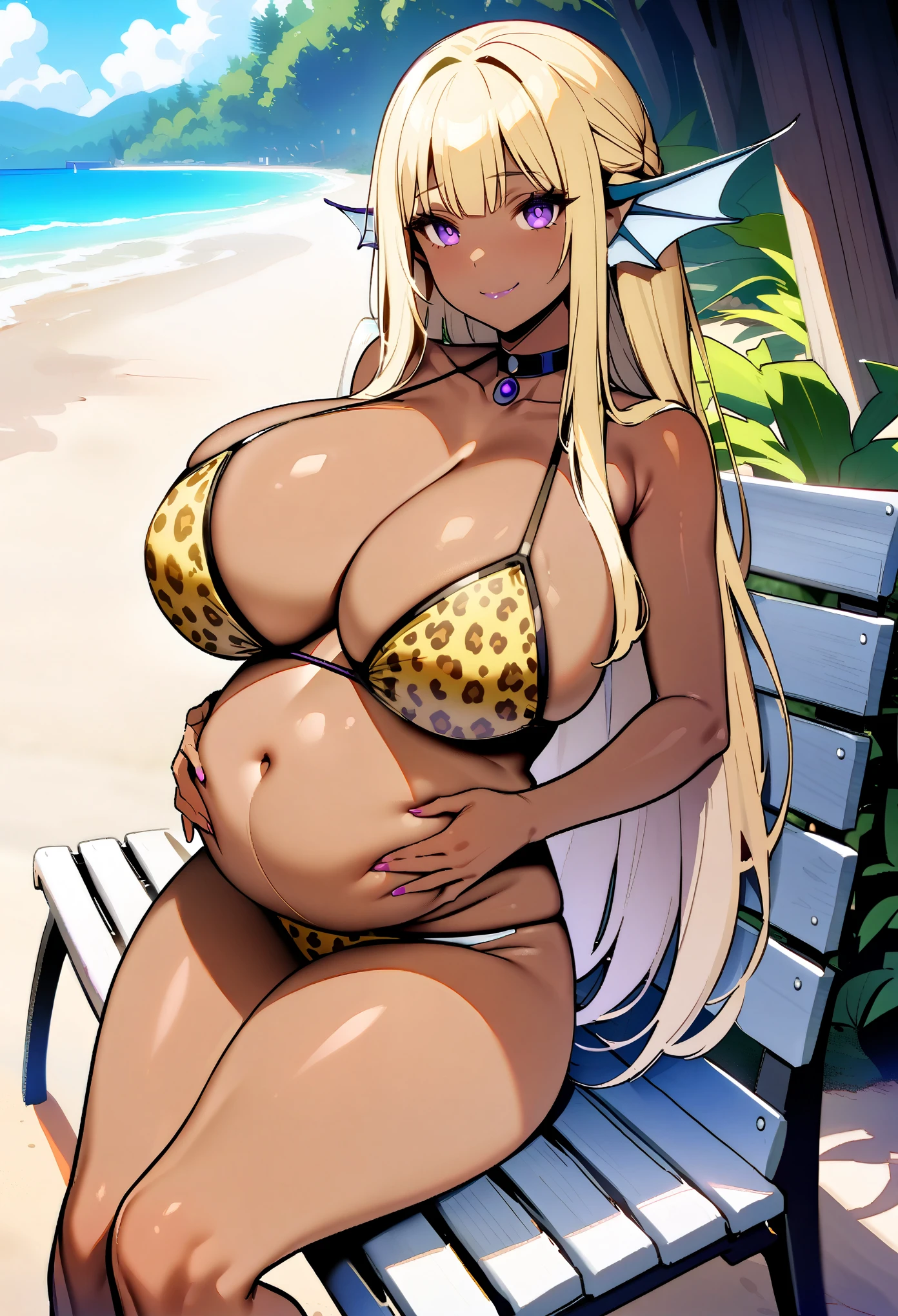 masterpiece, best quality, extremely detailed, 1girl, solo, (dark skin, brown skin:2), FernFrieren, (huge breasts:1.4), ((((blonde hair), long hair, purple eyes, head fins))), purple lips, (((choker, bikini, leopard print bikini, panties))), (pregnant), ((naughty smile, sadistic), closed mouth), ((hands on own stomach, outdoor, gazebo, sitting, on bench, beach))