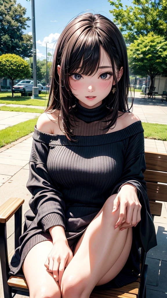 a 20 yo woman、(masterpiece:1.4)、(in 8K、realisitic、Raw photo、top-quality:1.4)、(Real Face:1.4)、(real looking skin:1.3)、超A high resolution、A hyper-realistic、Black eyes、black hair shorthair、Beige sweater、Dark blue pleated skirt、Black underwear、(huge-breasted:1.5)、Blushing、alluring face、autumnal、Colored leaves、a park、sit on a bench、Spread your crotch
