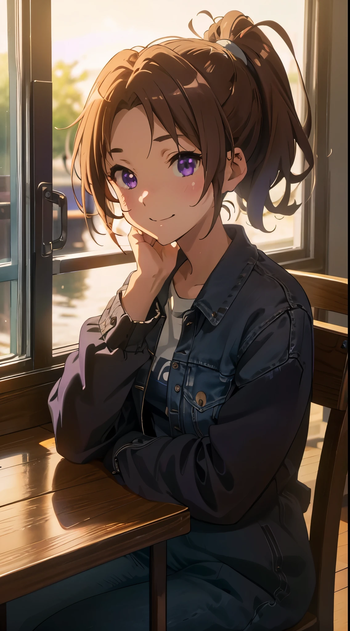 Jacket, (tableトップ), (highest quality),One Girl, nice, (Perfect Face), Sitting,comfortable, Calm, peace, Happy, smile, Expressive eyes, cute, wood, table,  nature, ponytail, Purple eyes, coffee shop, Trace Light,Modern, Backlight, bright, colorful