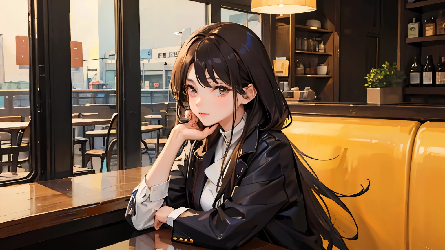 Stylish woman taking a break in a city cafe Cute atmosphere Healing Anime Style