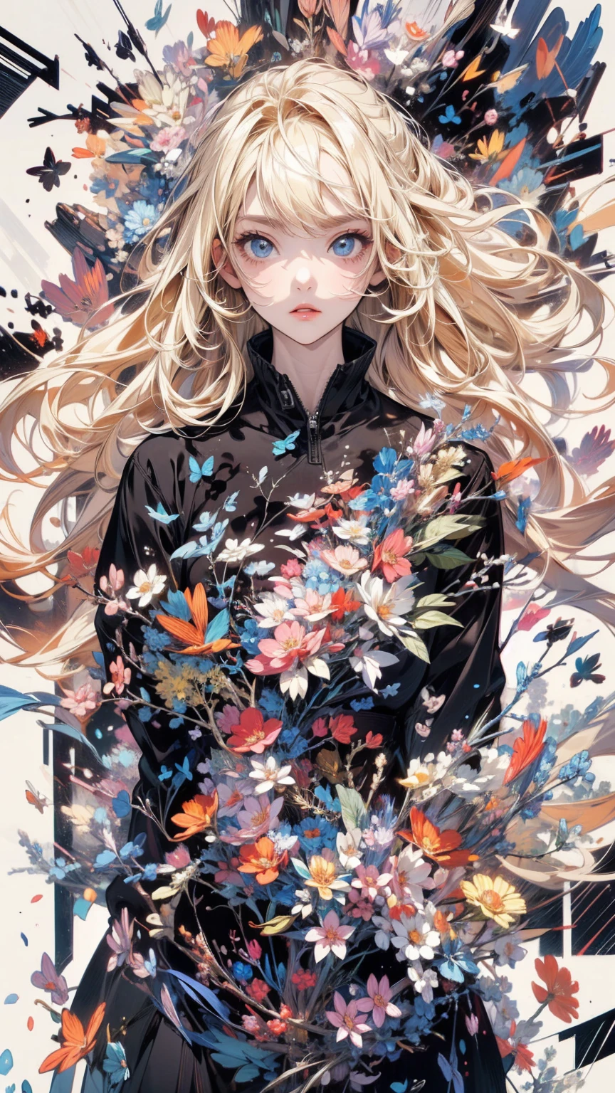 (masterpiece, High resolution, highest quality), Composition from head to thighs:1.3, Upper body focus, 20-year-old woman, Wearing only a large piece of black cloth:1.3, Blonde Hair, chaos, Petal Collage, abstract design, artistic juxtapositions, White background, mixed-media approach, Anime Style, simple lines, Digital Painting,