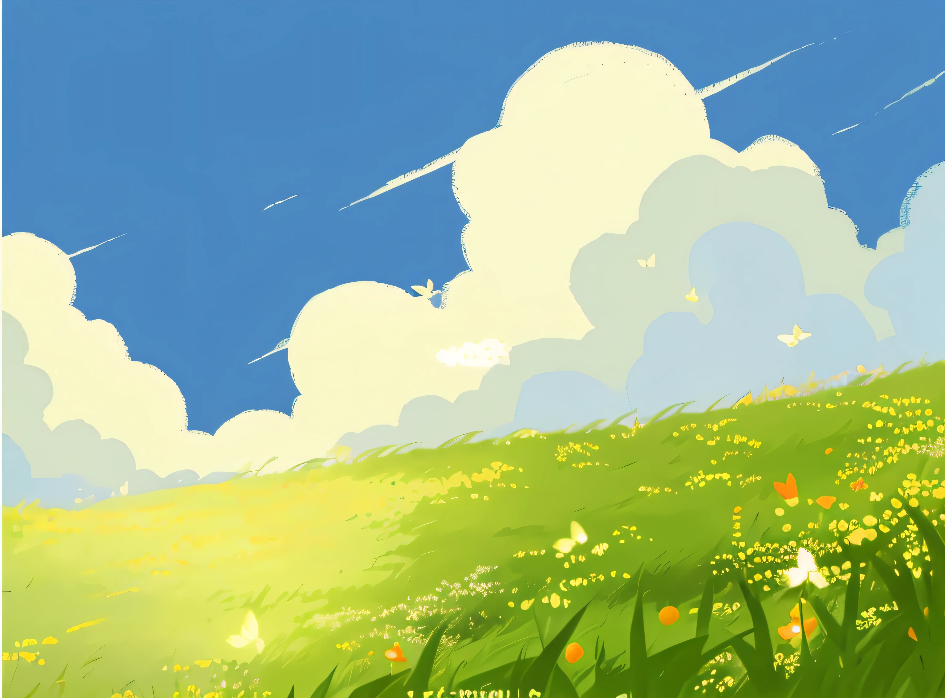 Cartoon picture of field with flowers and butterflies, Background Art, anime rural scenery, grass background, background is heavenly, background artwork, loading screen, Field background, Random background scenes, anime background, 动漫Background Art, breeze background, Studio Ghibli Sky, Epic Background, Page scroll bar, Anime Landscape, Colorful anime movie background, wide angle establishing shot