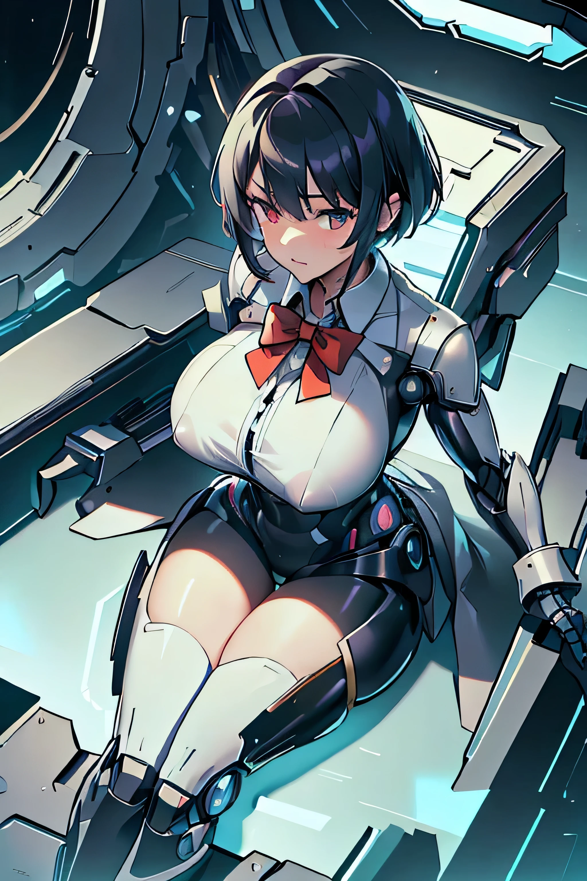 masterpiece , best quality , 1 sexy girl , solo , full body tight suit and bowtie , (covered nipples:0.9) , (gigantic tits:1.2) , (thick arm:1.1) , thick thigh , gigantic hip , (gold hair:1.1) , short hair , (plump:1.1) , robot joint , robot shoulder , embedded in machinery , lying on small sci-fi cockpit , surrounded by sci-fi machinery and monitor , folded , cable attached to the whole body ,spread legs , ahegao ,muscular , suit and tie, formal suit uniform, big shirt collar, formal white dress shirt, formal suit coat, huge giant red bowtie, formal suit clothing, high collar, sex machine, vaginal insertion, machine gun embedded in breasts, gatling gun breasts, gun barrels, breasts are embedded with guns, weaponized breasts, black hair color, black hair, dark hair, fully covered breasts, buttoned white collared shirt